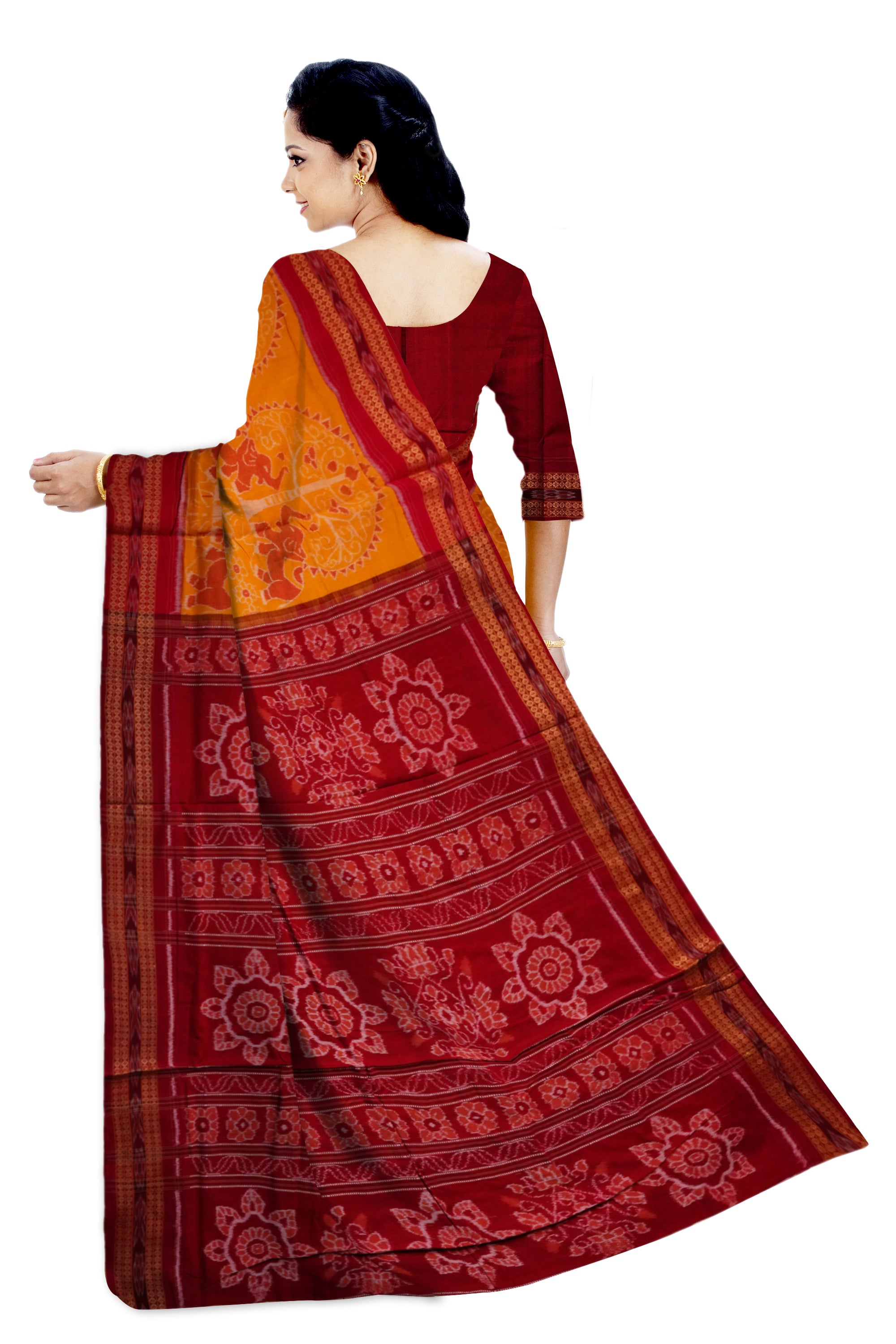 Traditional elephant pattern pure cotton saree in Yellow and maroon color. - Koshali Arts & Crafts Enterprise