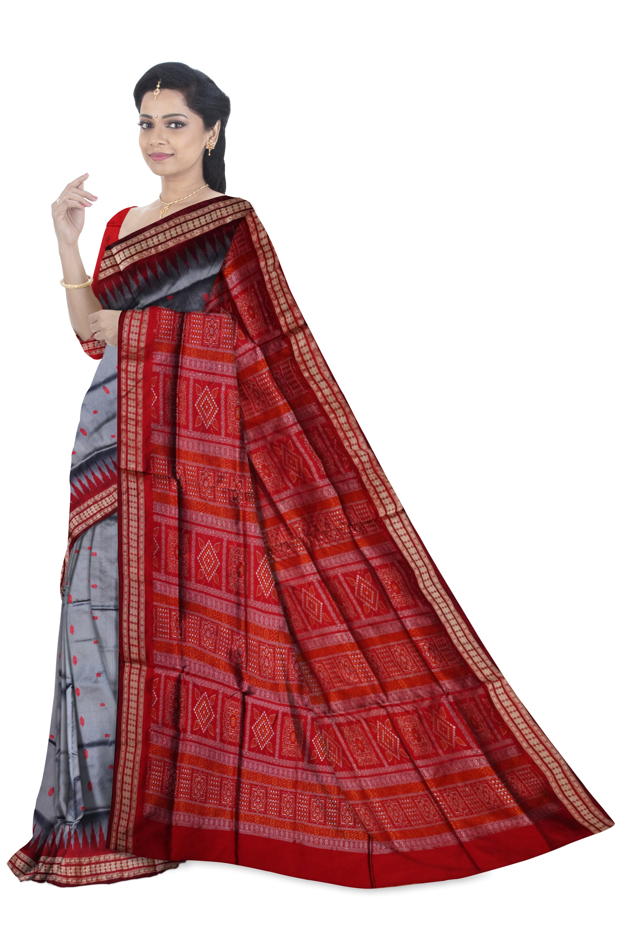 Silver & Maroon color small booty pattern plain pata saree. - Koshali Arts & Crafts Enterprise