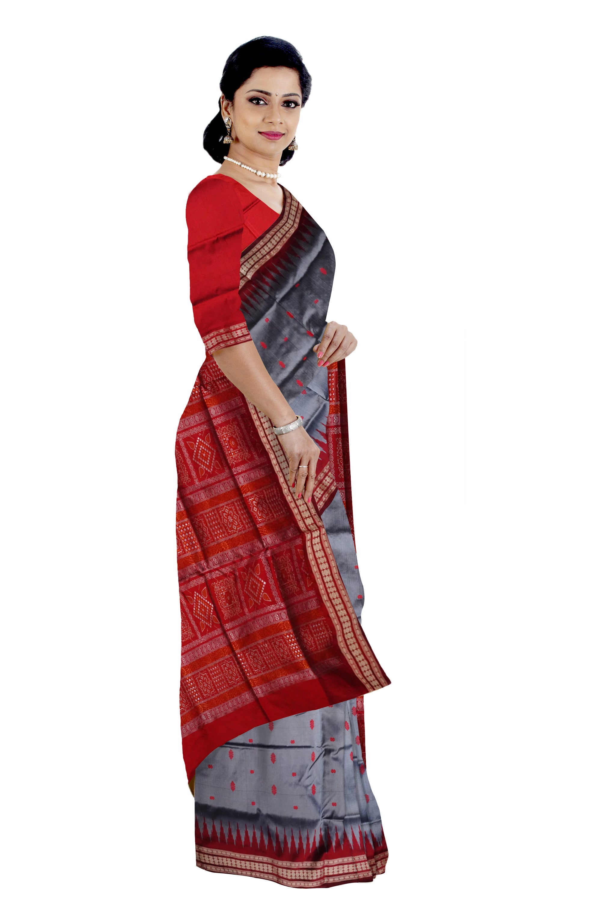 Silver & Maroon color small booty pattern plain pata saree. - Koshali Arts & Crafts Enterprise