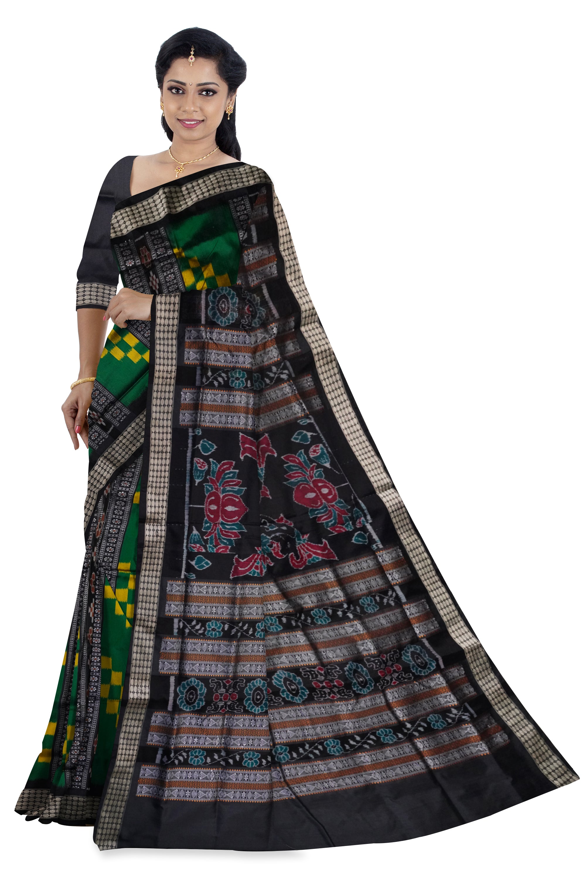 Green & Black color Sambalpuri pasapali pattern plain saree. - Koshali Arts & Crafts Enterprise