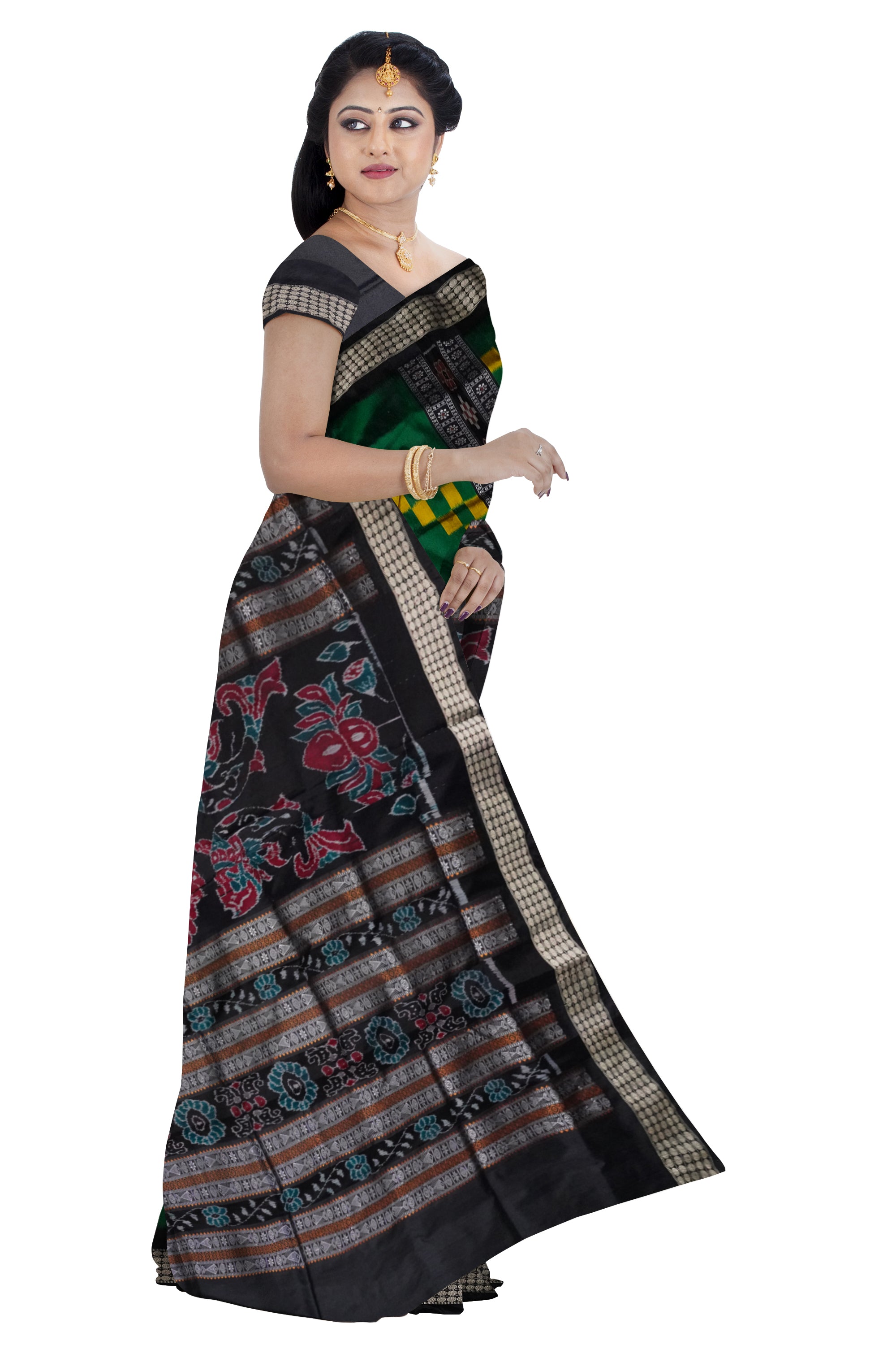 Green & Black color Sambalpuri pasapali pattern plain saree. - Koshali Arts & Crafts Enterprise