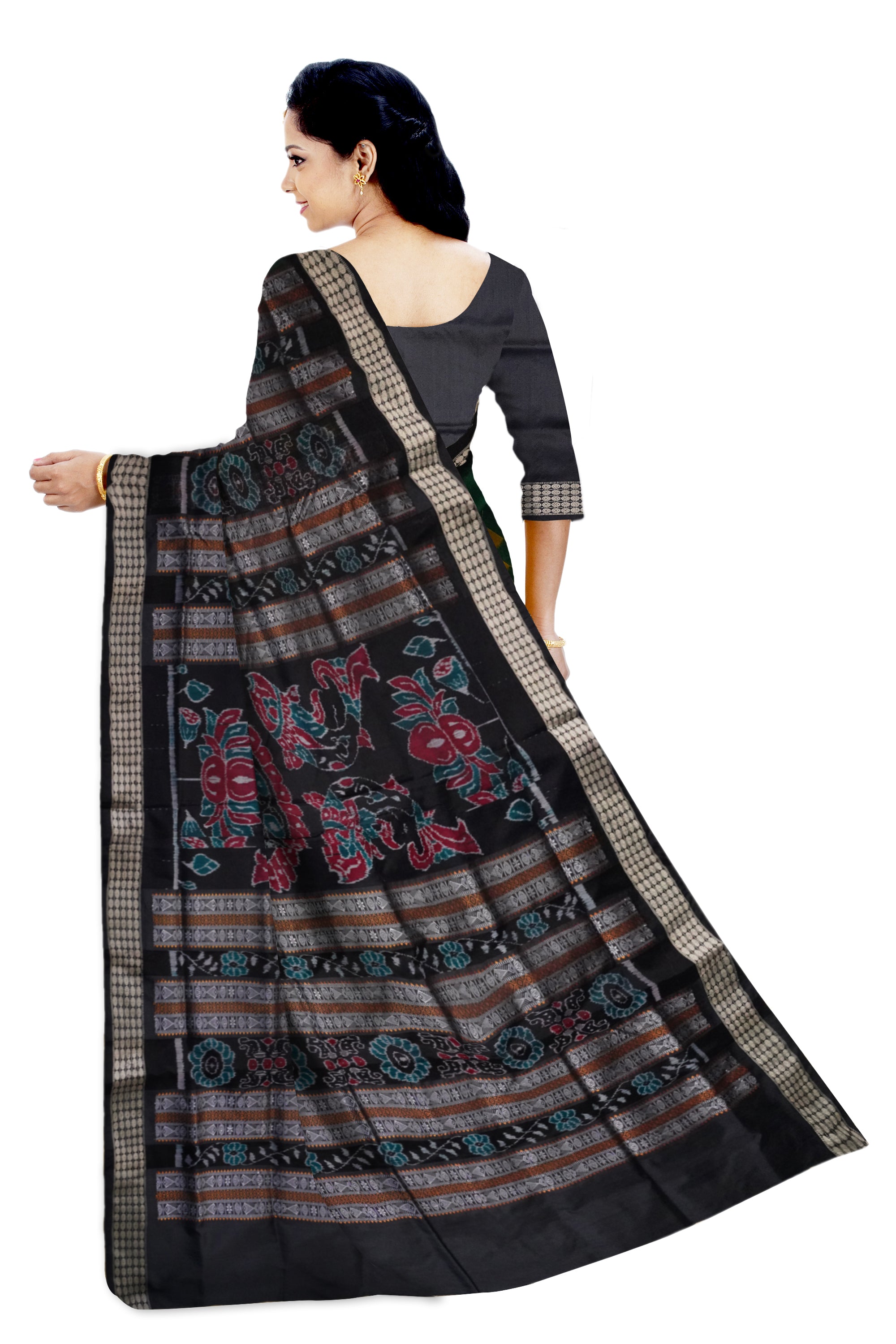 Green & Black color Sambalpuri pasapali pattern plain saree. - Koshali Arts & Crafts Enterprise