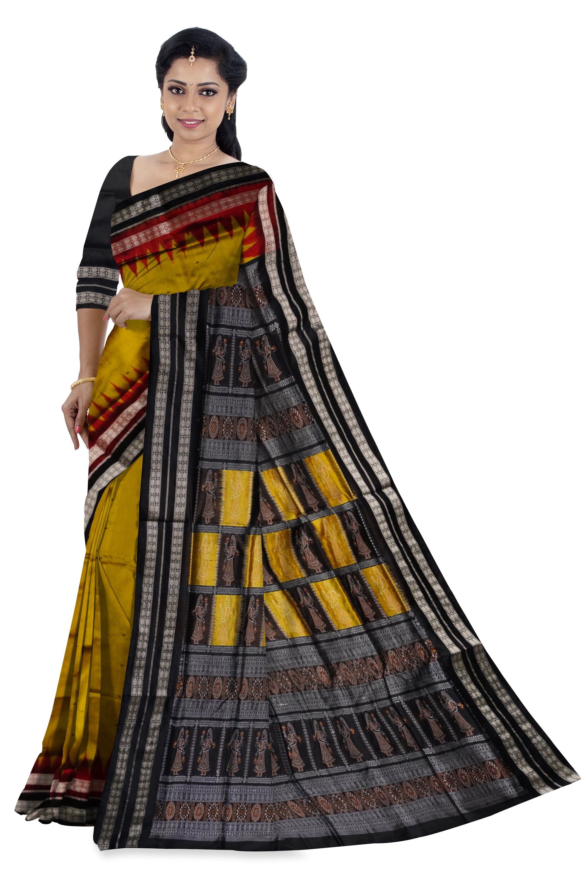 Mustard yellow ,Maroon & Black color pallu doll pattern plain pata saree. - Koshali Arts & Crafts Enterprise