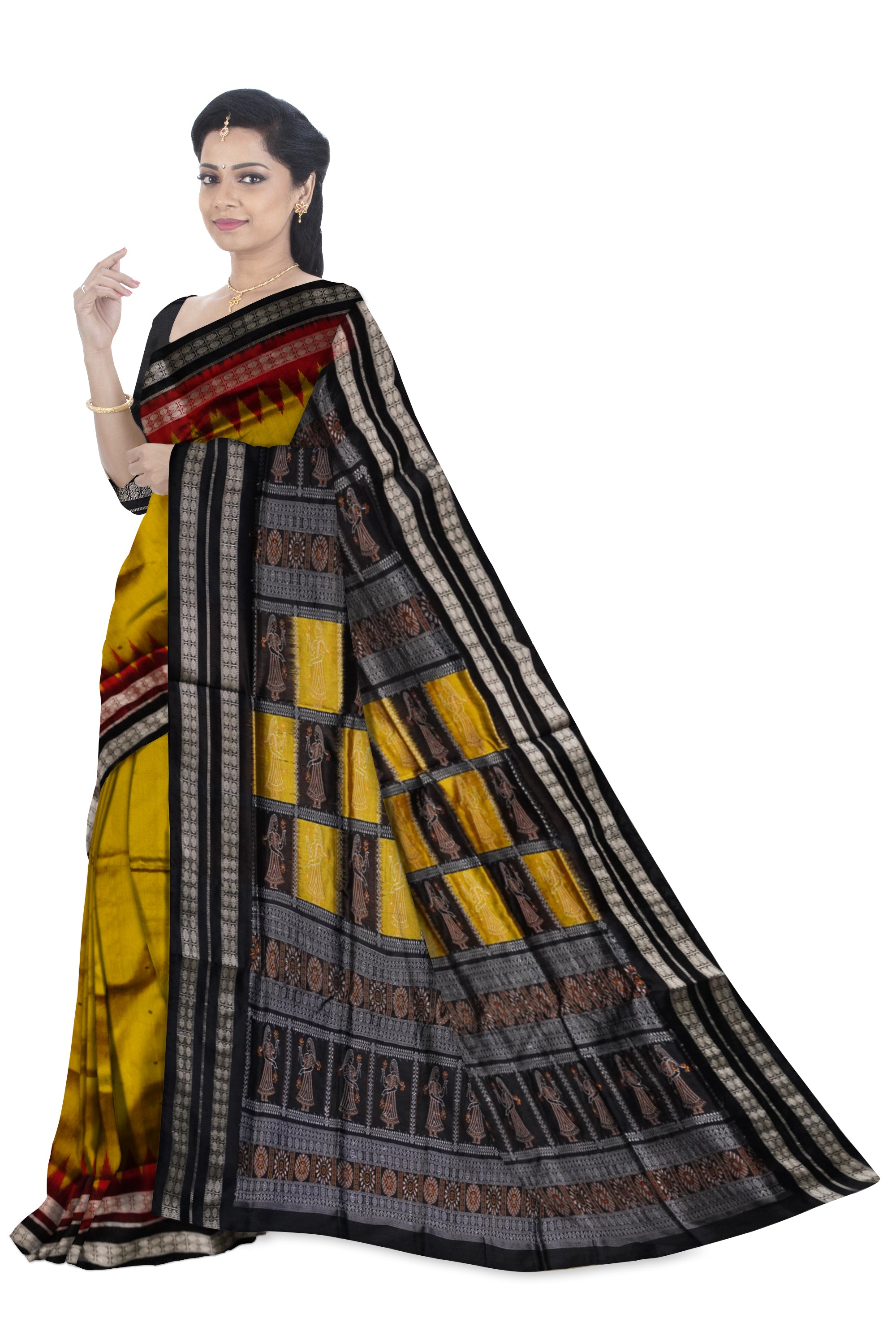 Mustard yellow ,Maroon & Black color pallu doll pattern plain pata saree. - Koshali Arts & Crafts Enterprise