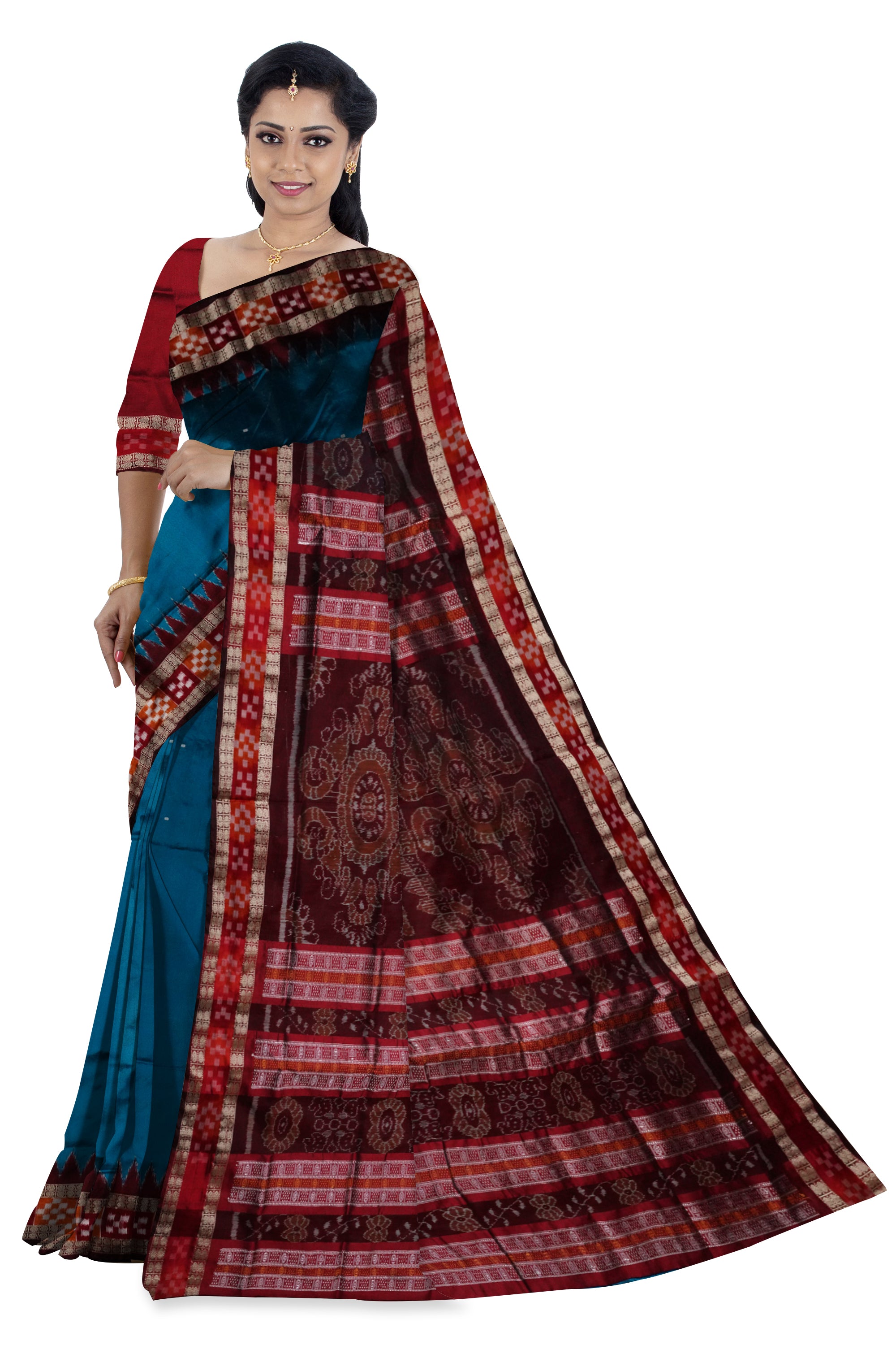 Sky blue & Maroon color dhadi pasapali  Sambalpuri pata saree. - Koshali Arts & Crafts Enterprise