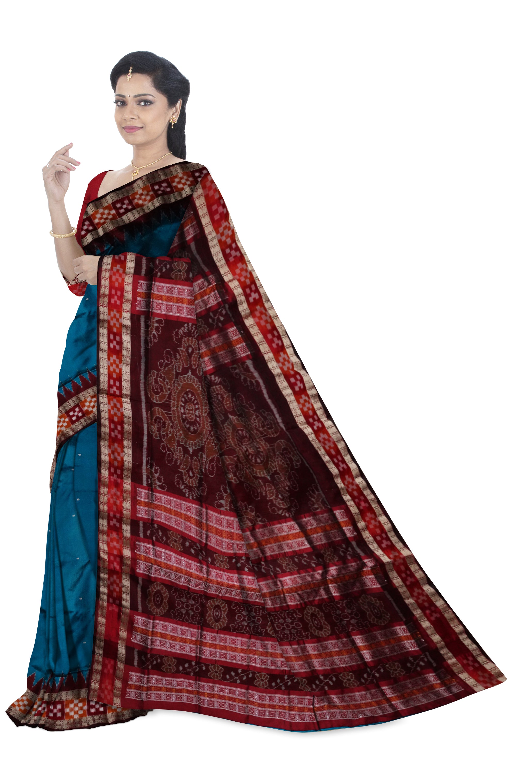 Sky blue & Maroon color dhadi pasapali  Sambalpuri pata saree. - Koshali Arts & Crafts Enterprise