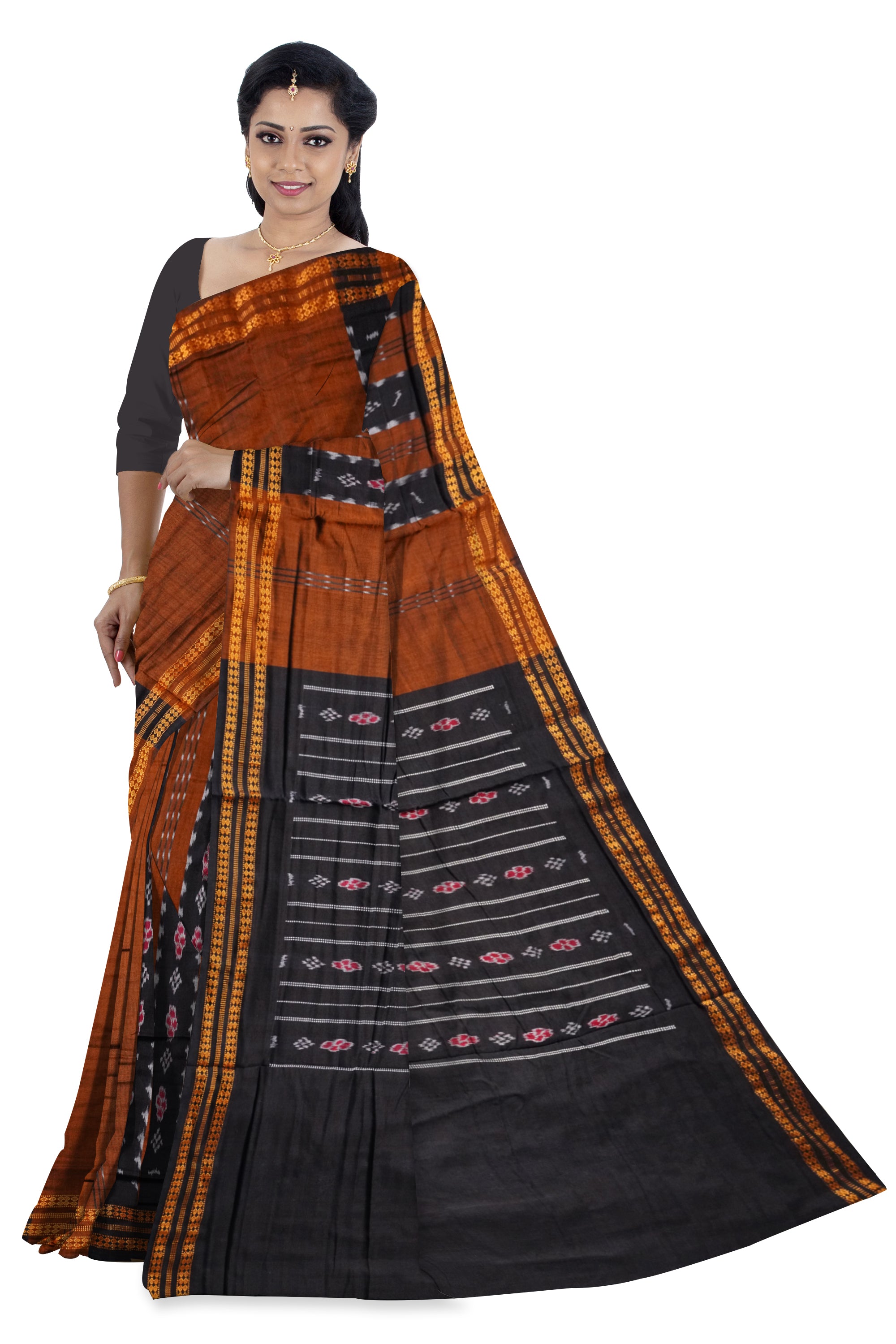 Brown with Black color Sambalpuri cotton saree. - Koshali Arts & Crafts Enterprise