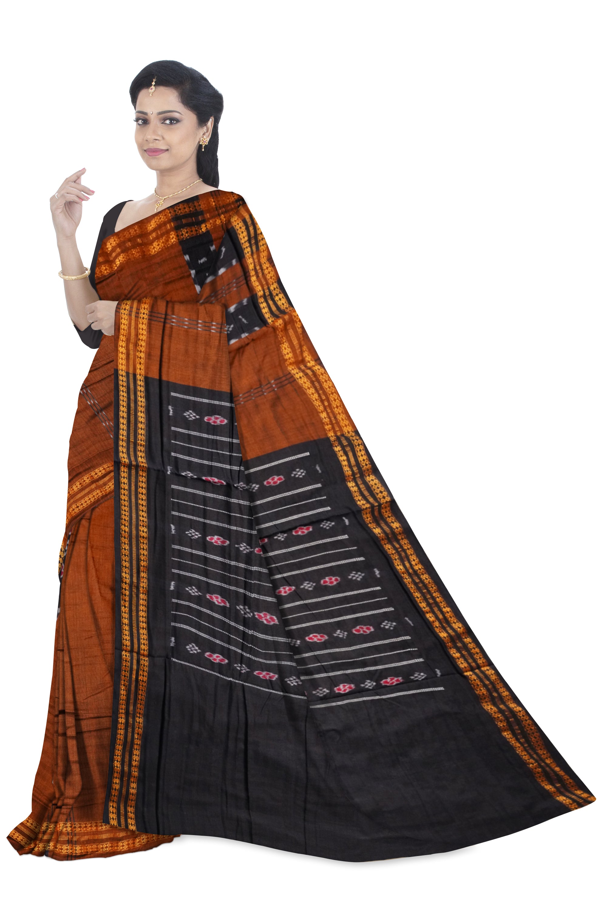 Brown with Black color Sambalpuri cotton saree. - Koshali Arts & Crafts Enterprise