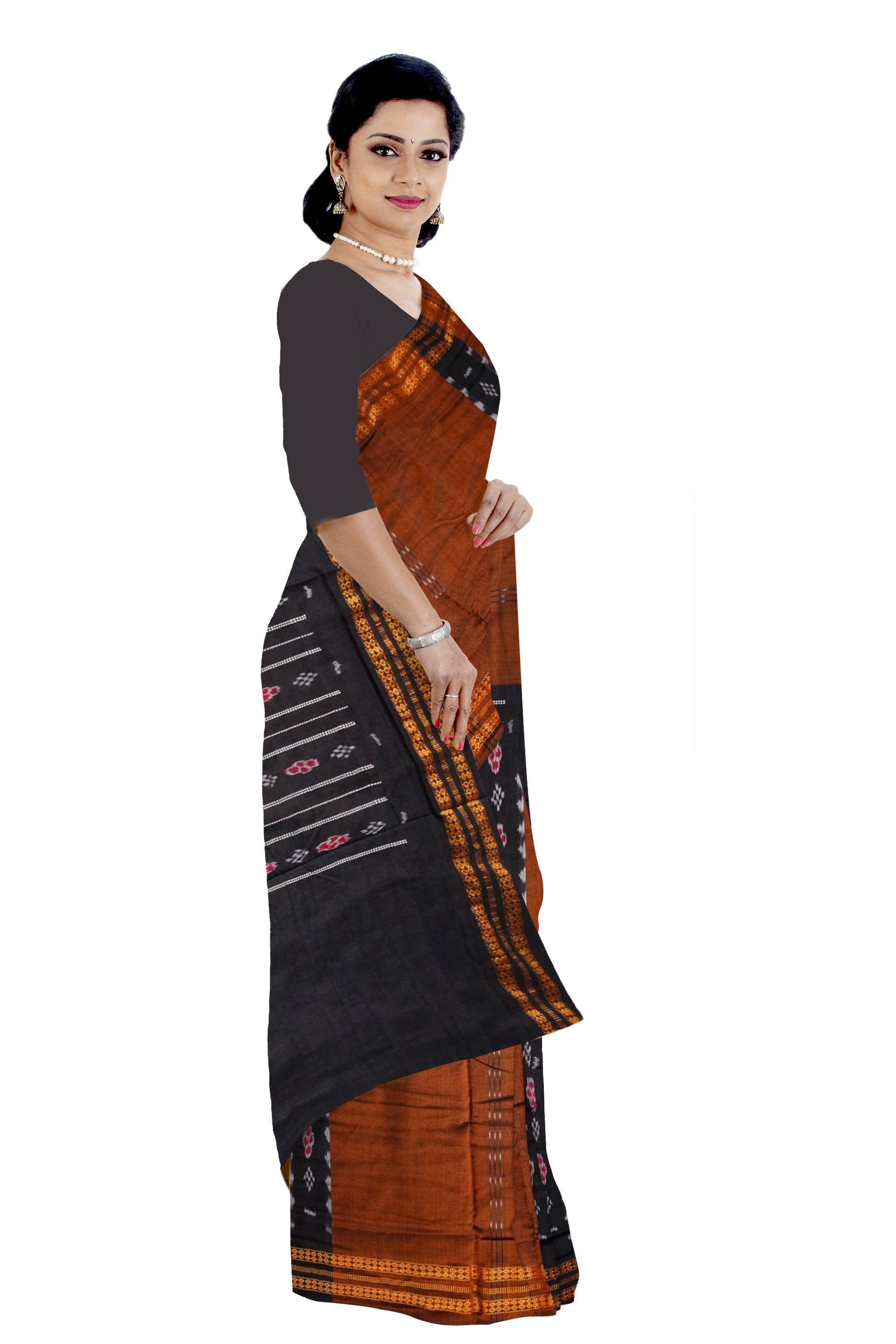 Brown with Black color Sambalpuri cotton saree. - Koshali Arts & Crafts Enterprise