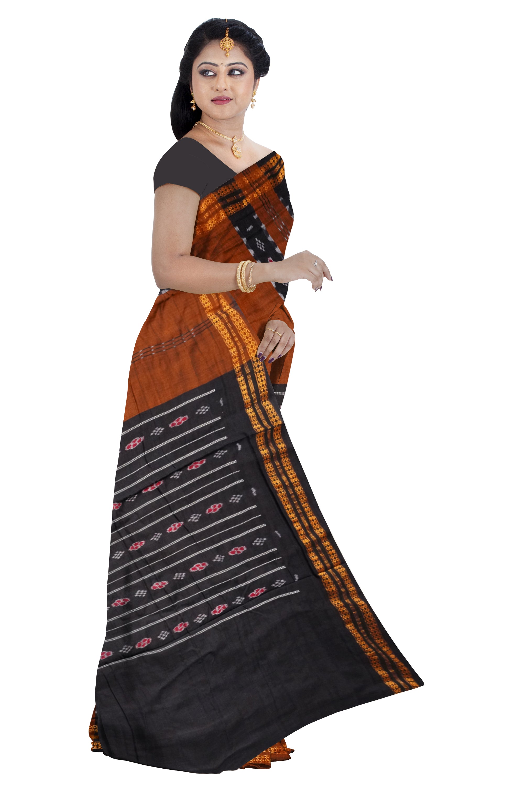 Brown with Black color Sambalpuri cotton saree. - Koshali Arts & Crafts Enterprise