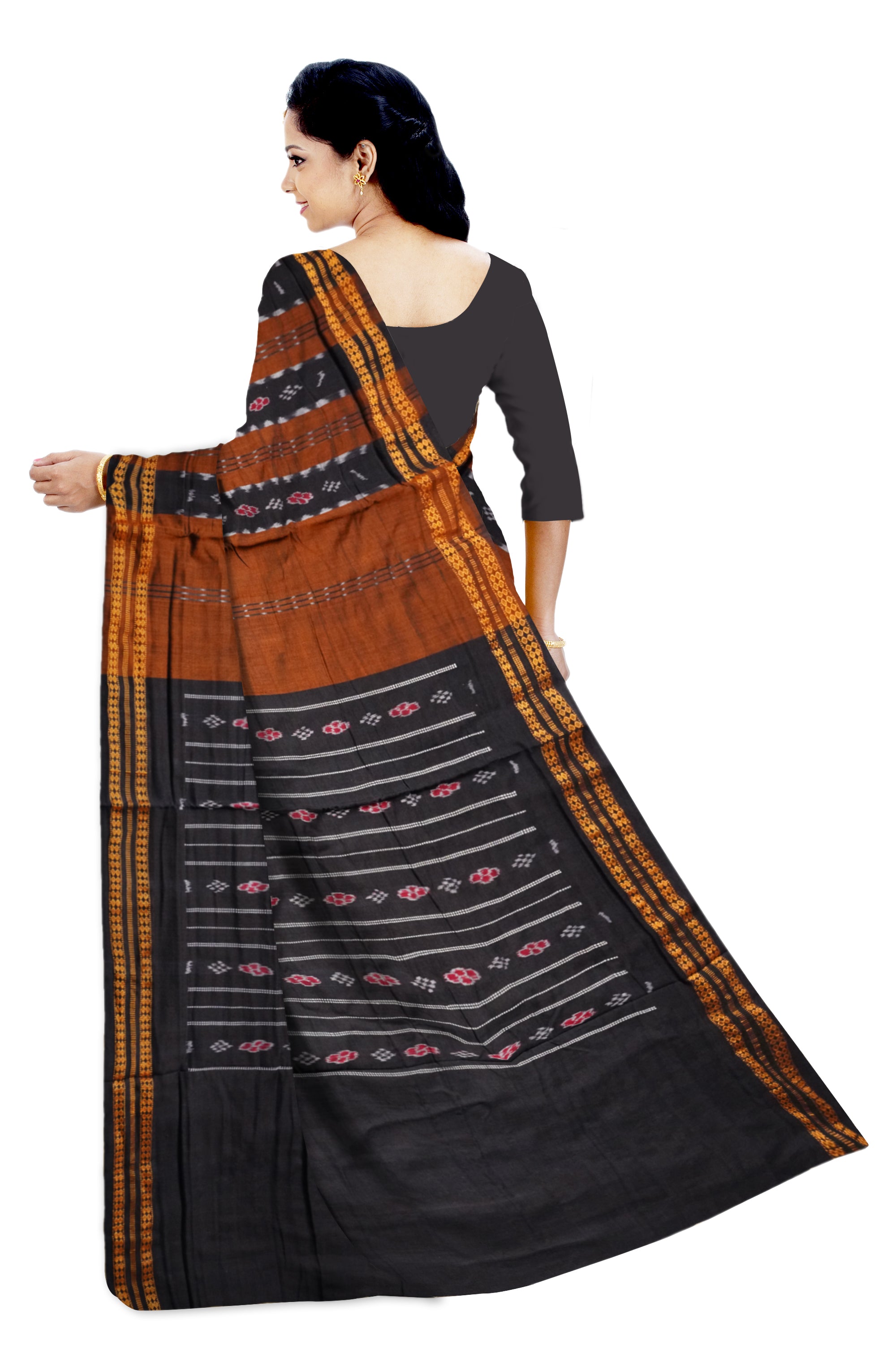 Brown with Black color Sambalpuri cotton saree. - Koshali Arts & Crafts Enterprise