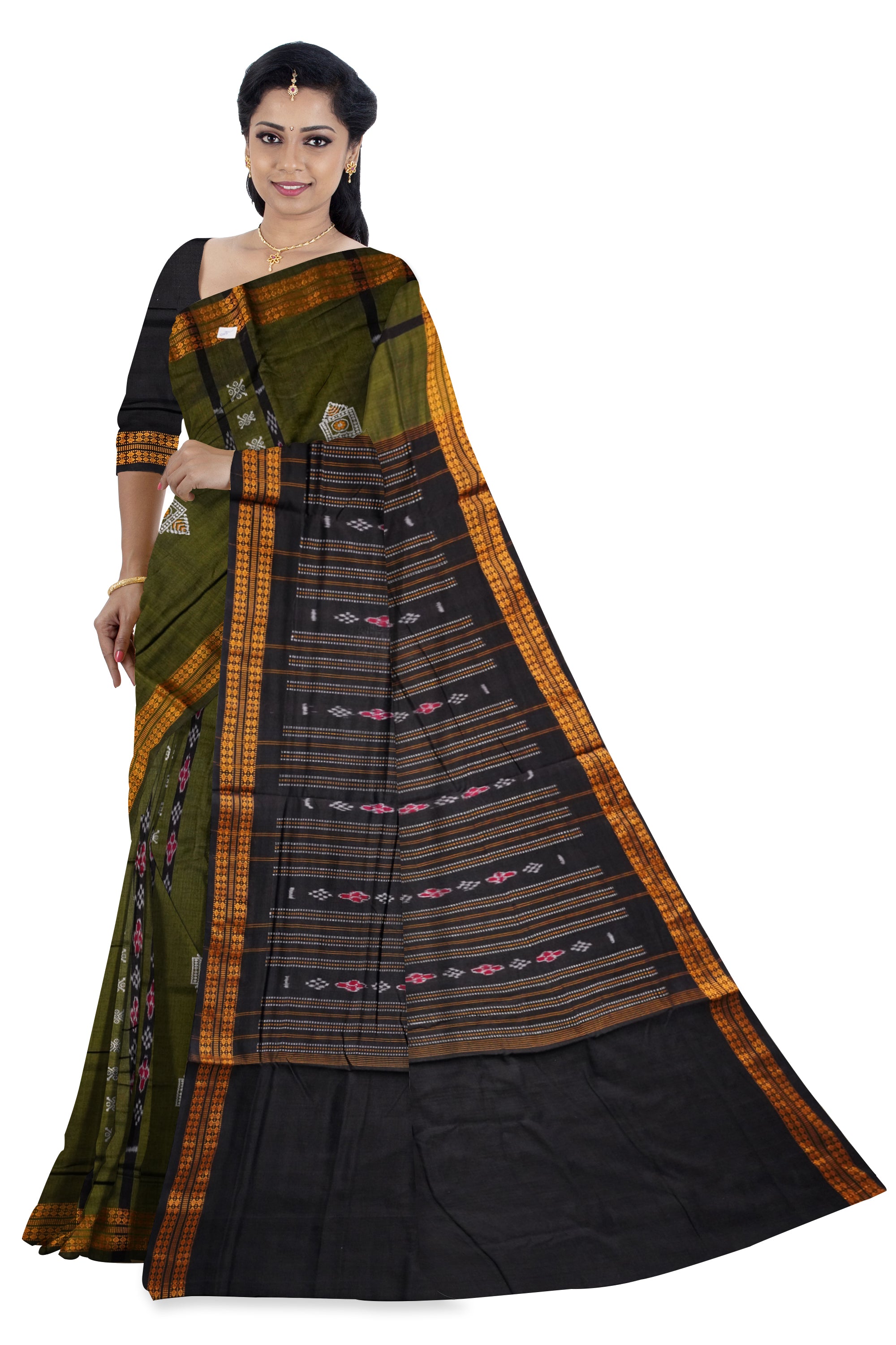 Traditional Bomkei pattern pure cotton saree in Mehndi & Black color. - Koshali Arts & Crafts Enterprise