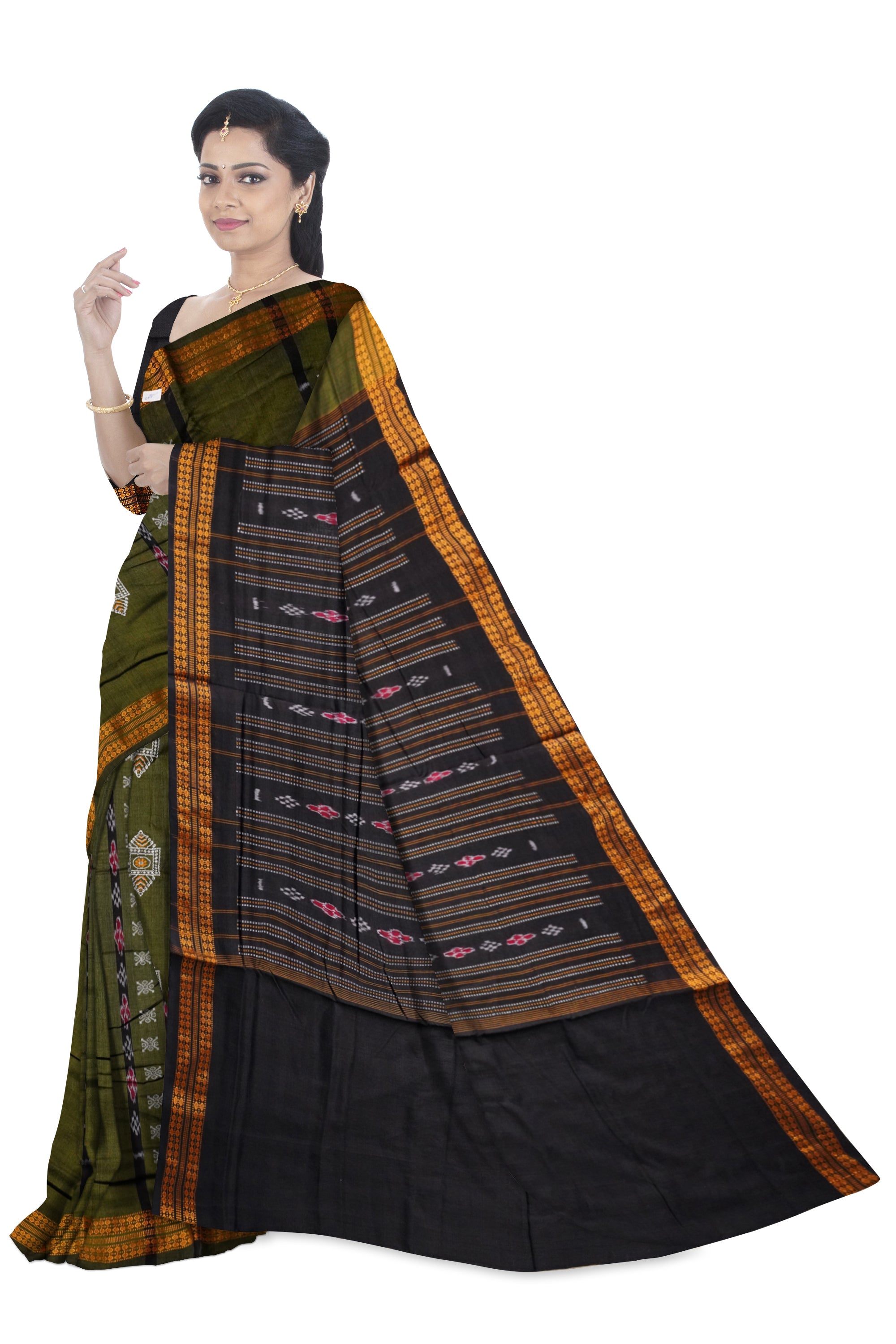 Traditional Bomkei pattern pure cotton saree in Mehndi & Black color. - Koshali Arts & Crafts Enterprise