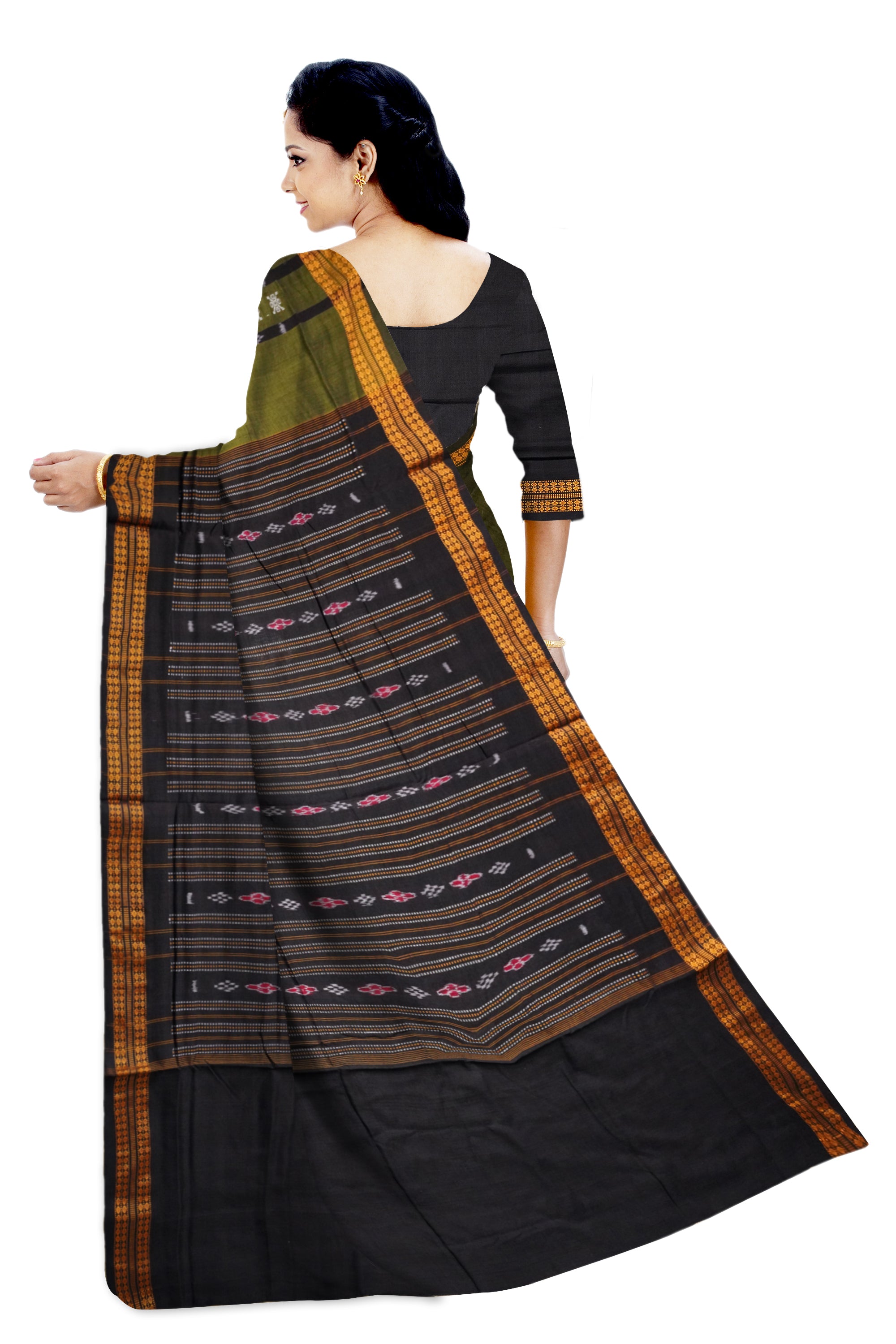 Traditional Bomkei pattern pure cotton saree in Mehndi & Black color. - Koshali Arts & Crafts Enterprise