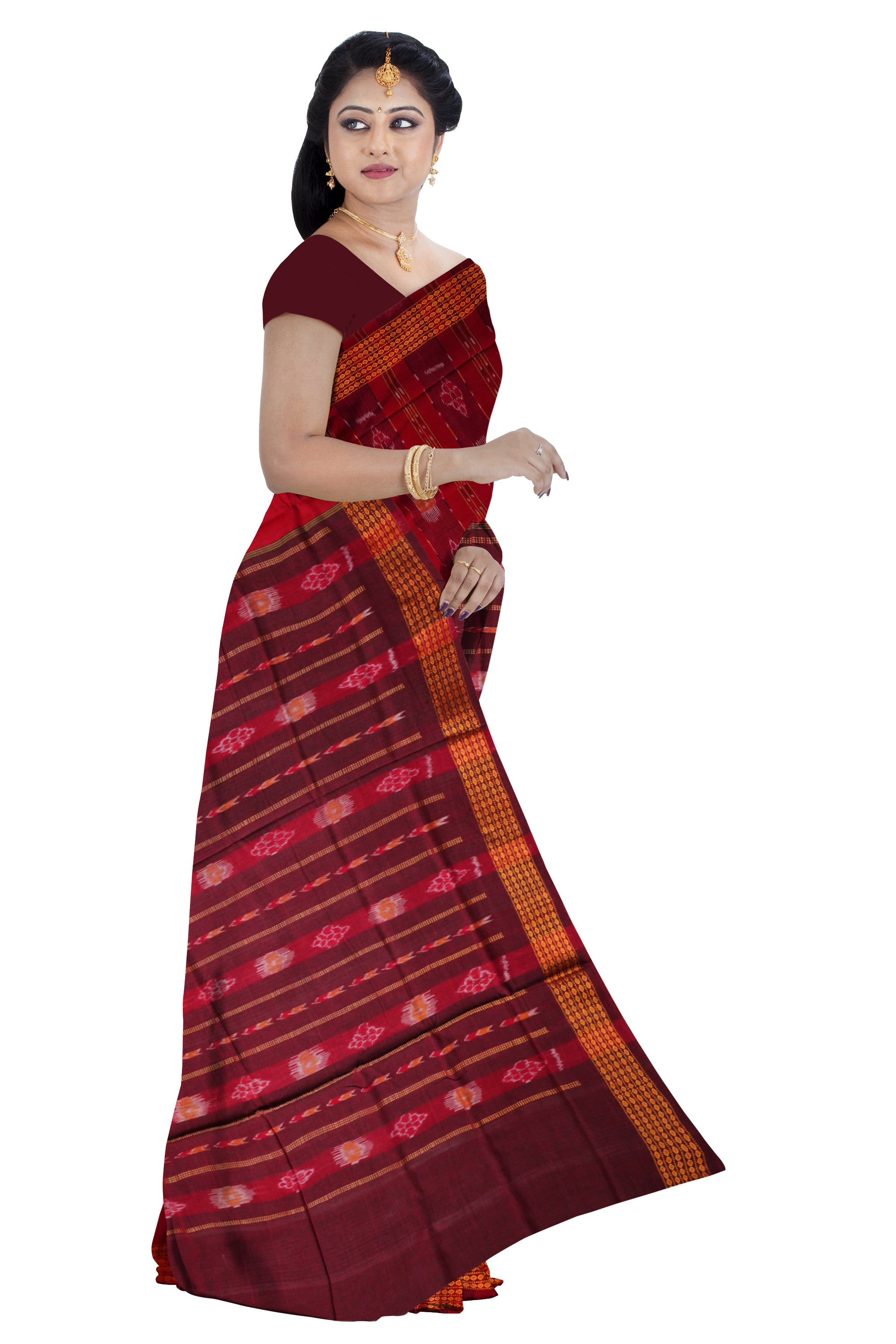 Maroon and Coffee color flower pattern cotton saree. - Koshali Arts & Crafts Enterprise