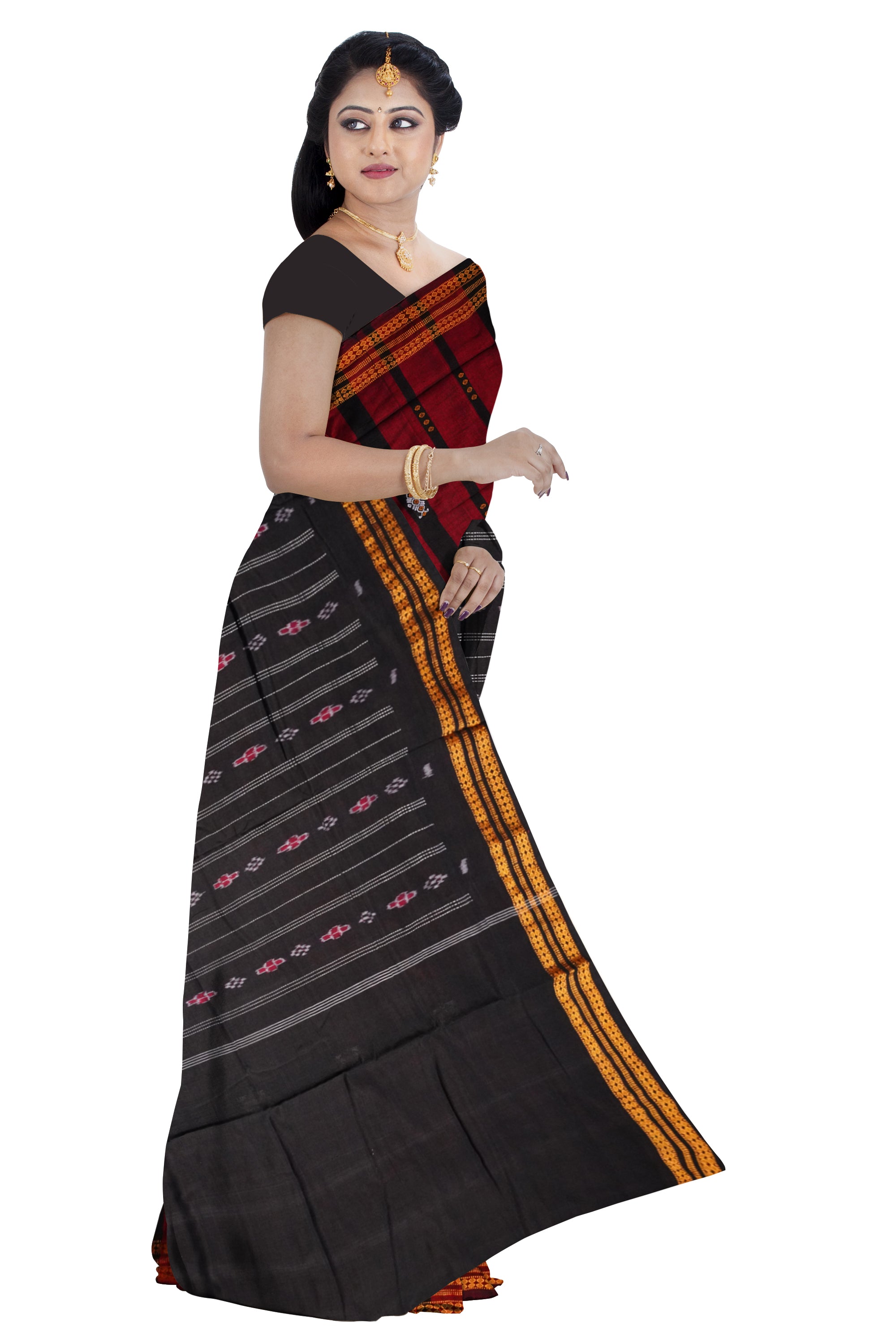 Maroon & Black bomkei design cotton saree. - Koshali Arts & Crafts Enterprise