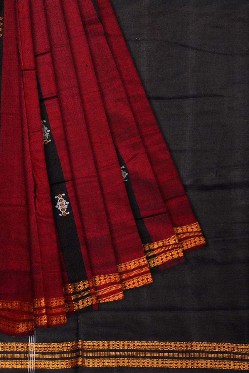 Maroon & Black bomkei design cotton saree. - Koshali Arts & Crafts Enterprise