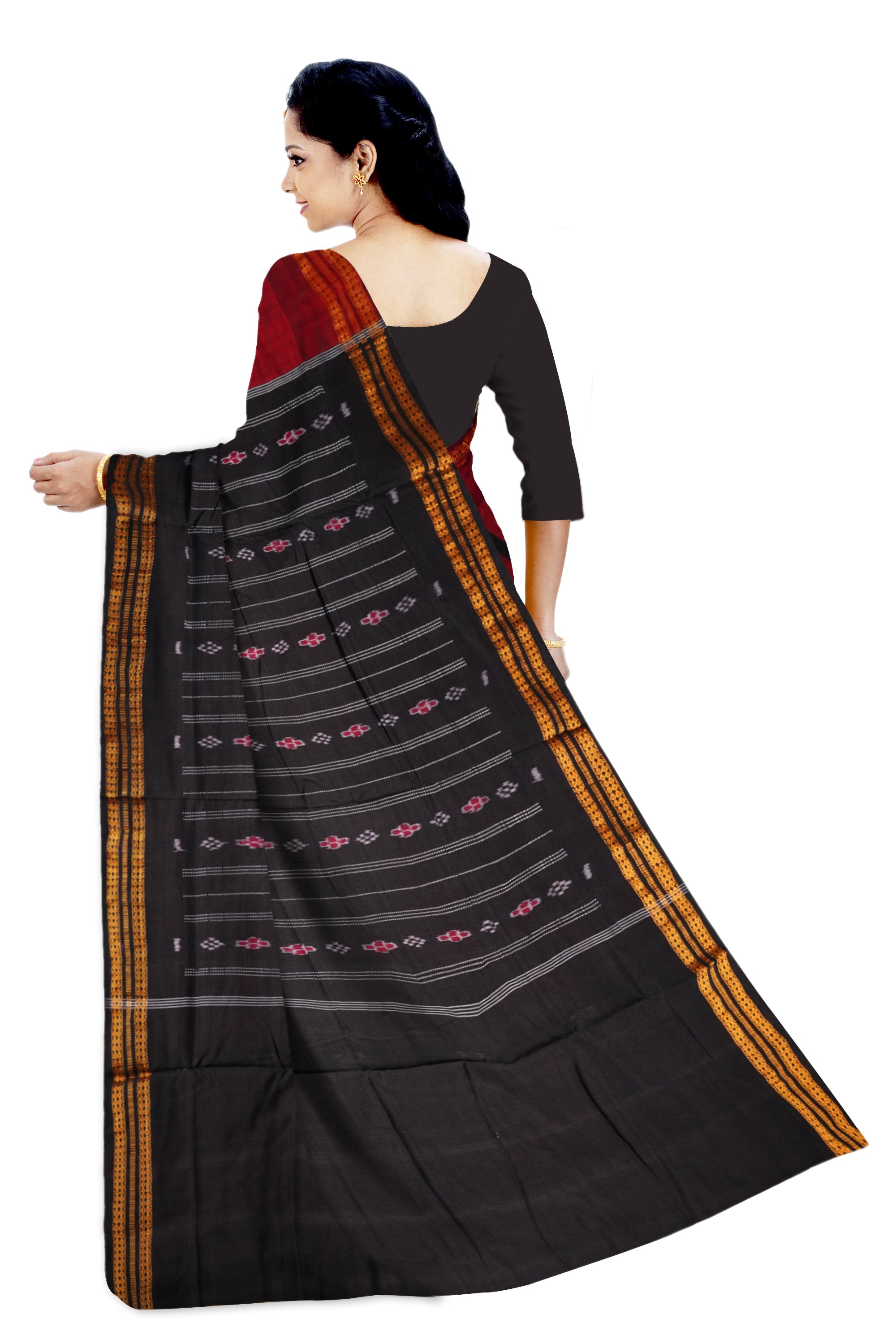 Maroon & Black bomkei design cotton saree. - Koshali Arts & Crafts Enterprise