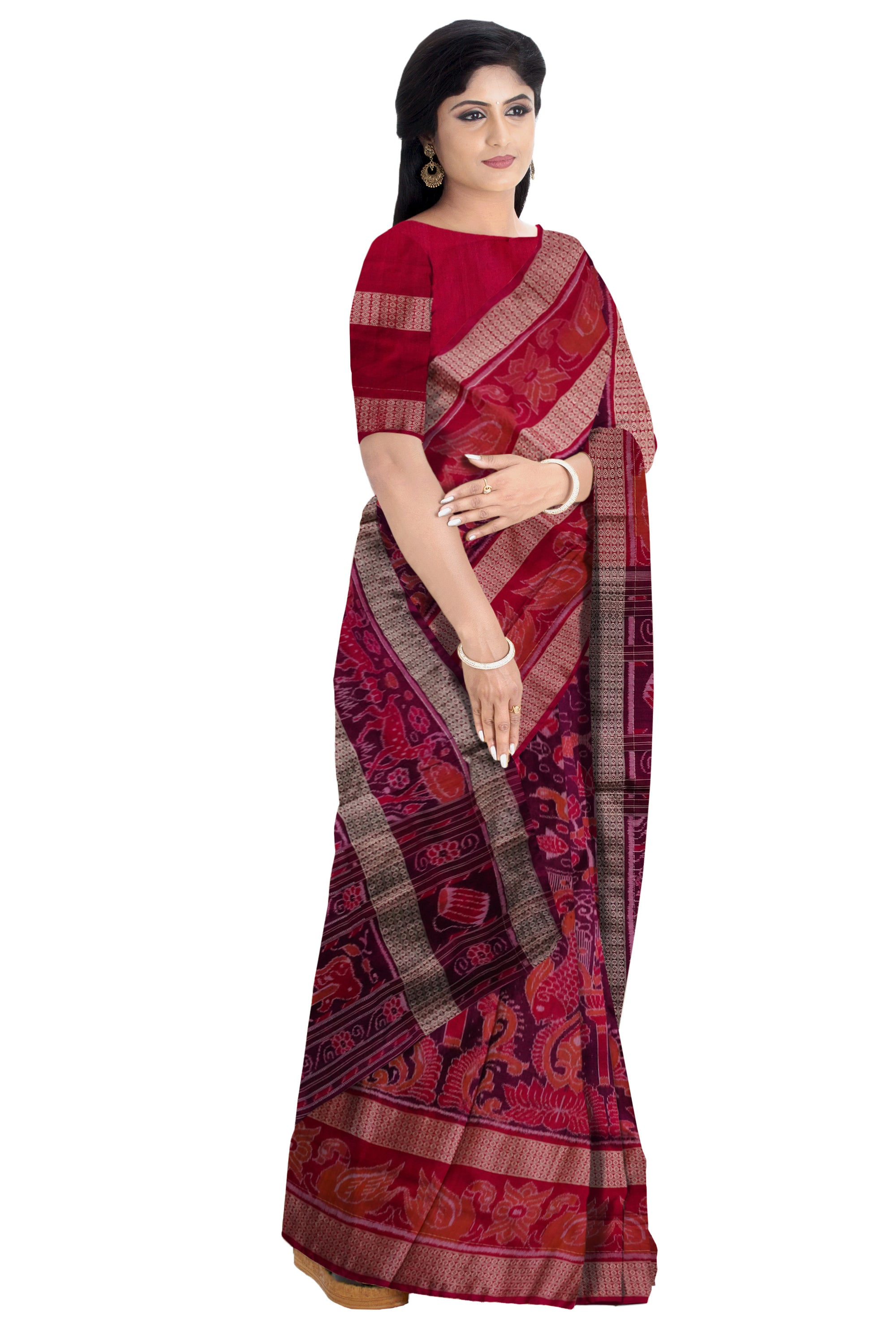 Light purple and red color wit big border and full body bandha sambalpuri (cotton and silk mix)Bapta saree. - Koshali Arts & Crafts Enterprise