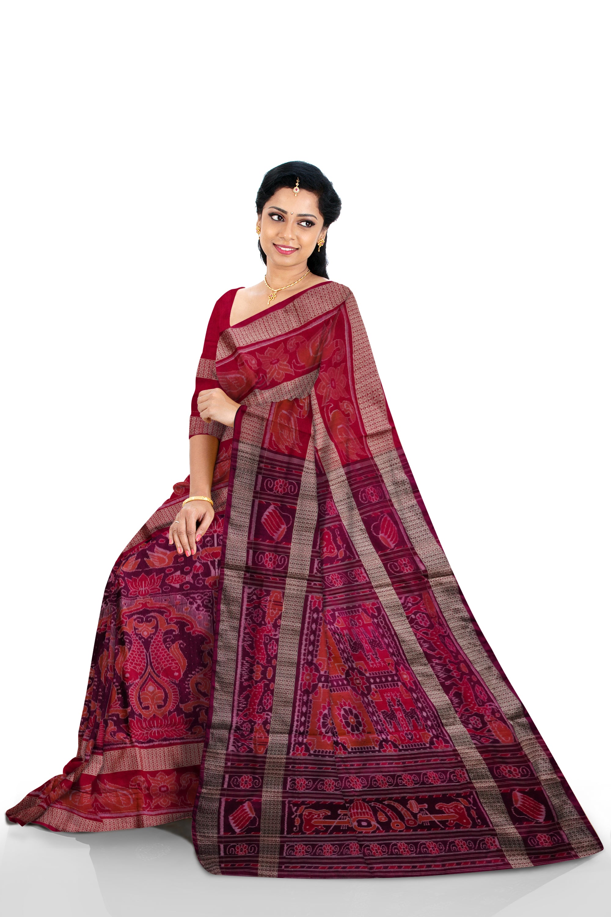 Light purple and red color wit big border and full body bandha sambalpuri (cotton and silk mix)Bapta saree. - Koshali Arts & Crafts Enterprise