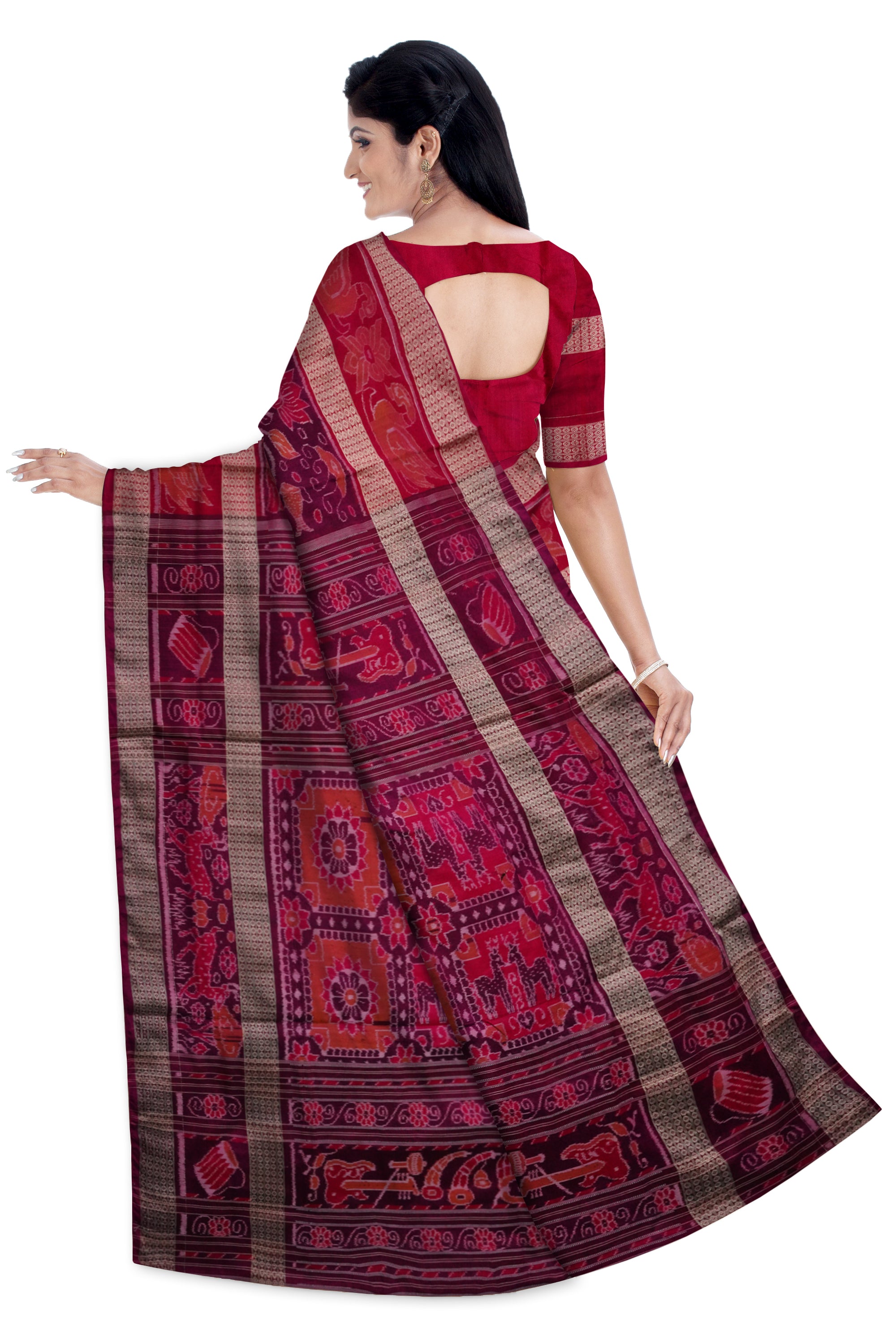 Light purple and red color wit big border and full body bandha sambalpuri (cotton and silk mix)Bapta saree. - Koshali Arts & Crafts Enterprise