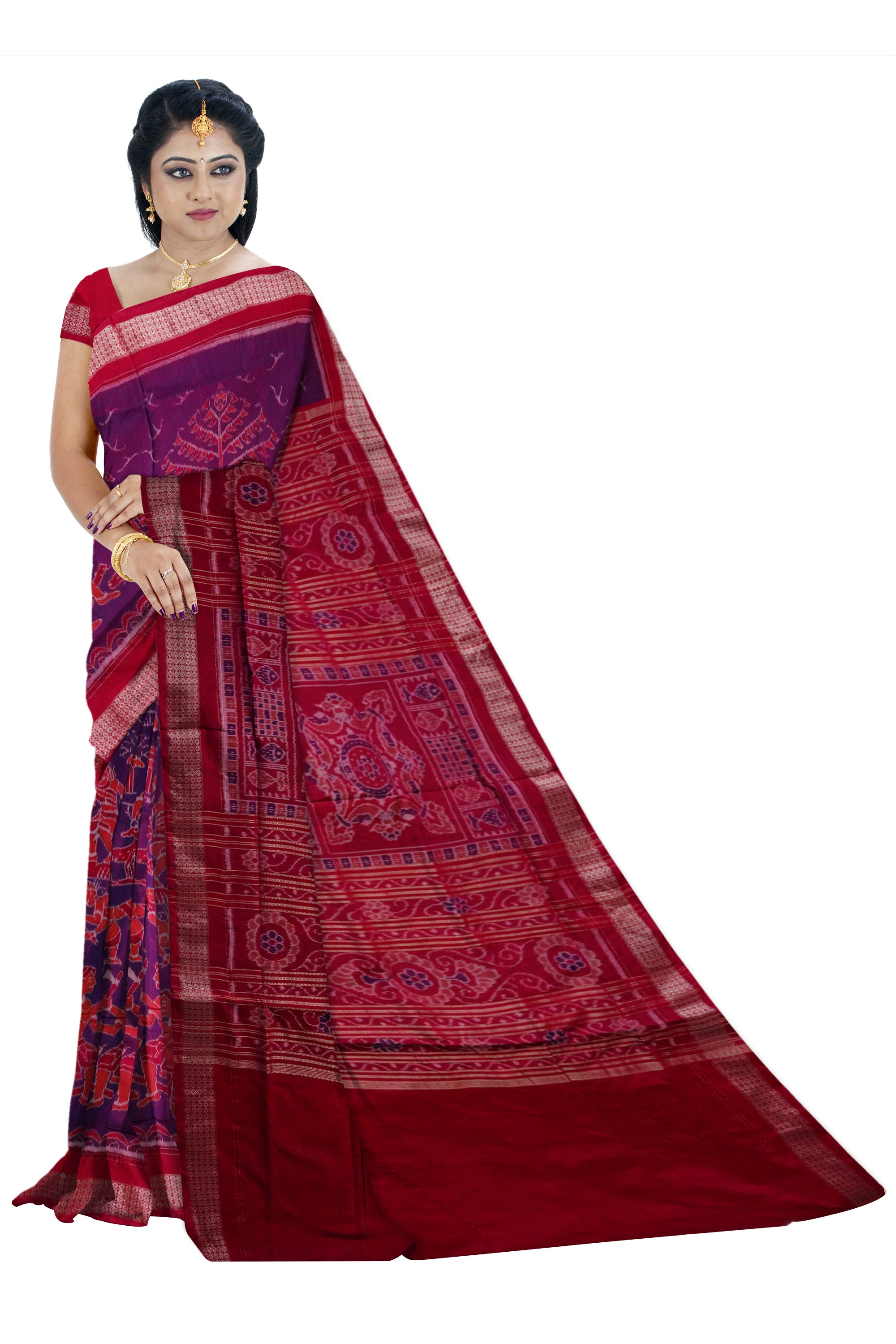 Traditional village pattern Sambalpuri bapta saree with pata border in light purple, orange and its pallu is red color. - Koshali Arts & Crafts Enterprise