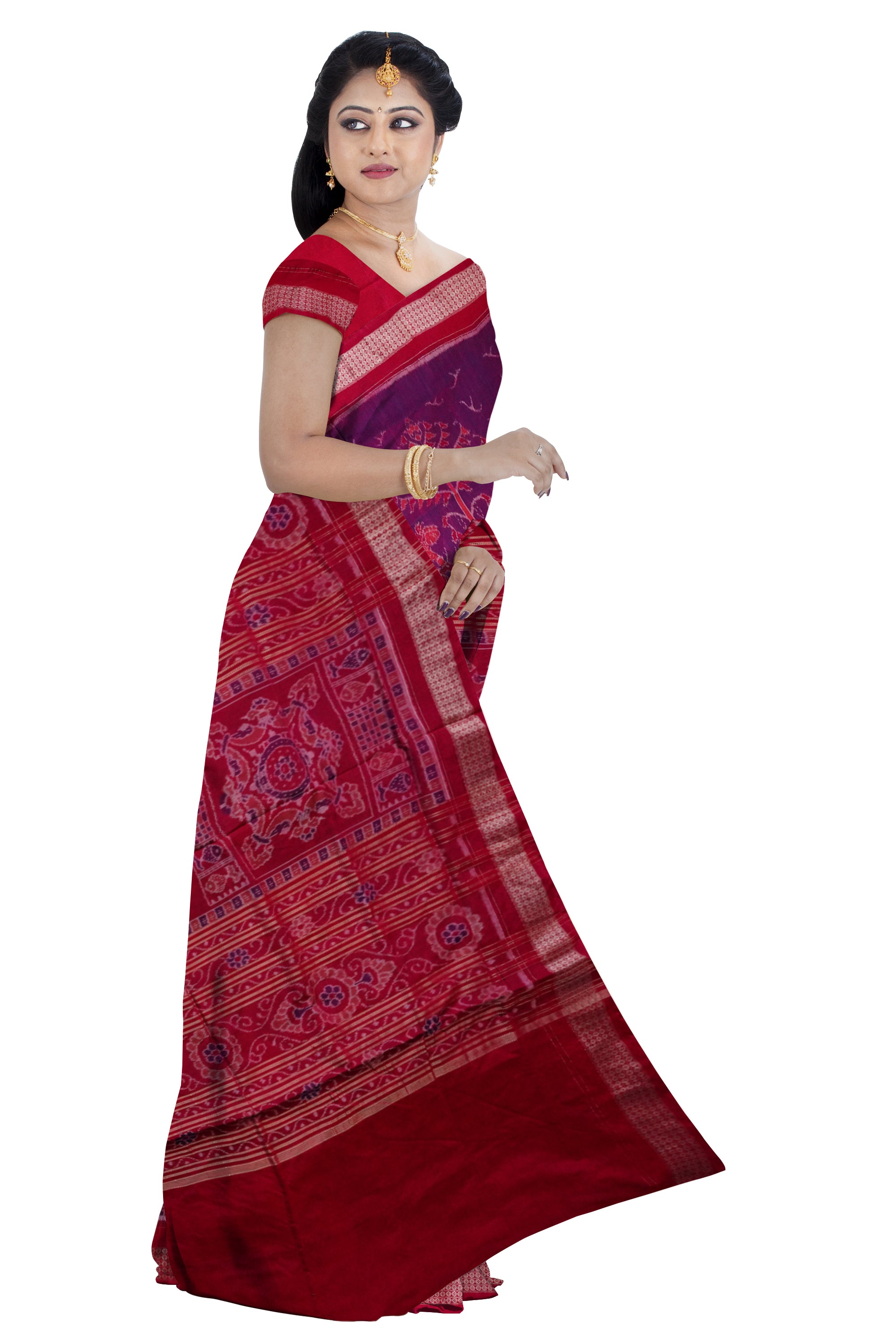 Traditional village pattern Sambalpuri bapta saree with pata border in light purple, orange and its pallu is red color. - Koshali Arts & Crafts Enterprise