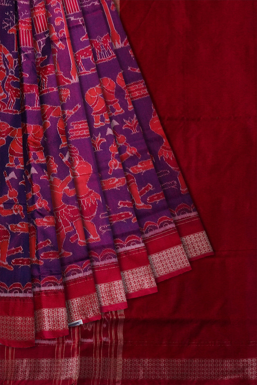 Traditional village pattern Sambalpuri bapta saree with pata border in light purple, orange and its pallu is red color. - Koshali Arts & Crafts Enterprise