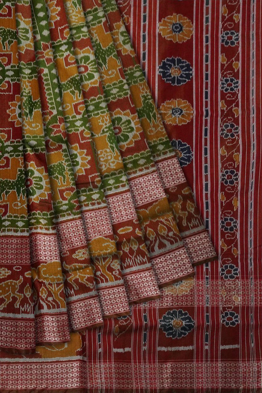 Mehndi,Green and Maroon color deer pattern Sambalpuri Bapta cotton saree. - Koshali Arts & Crafts Enterprise