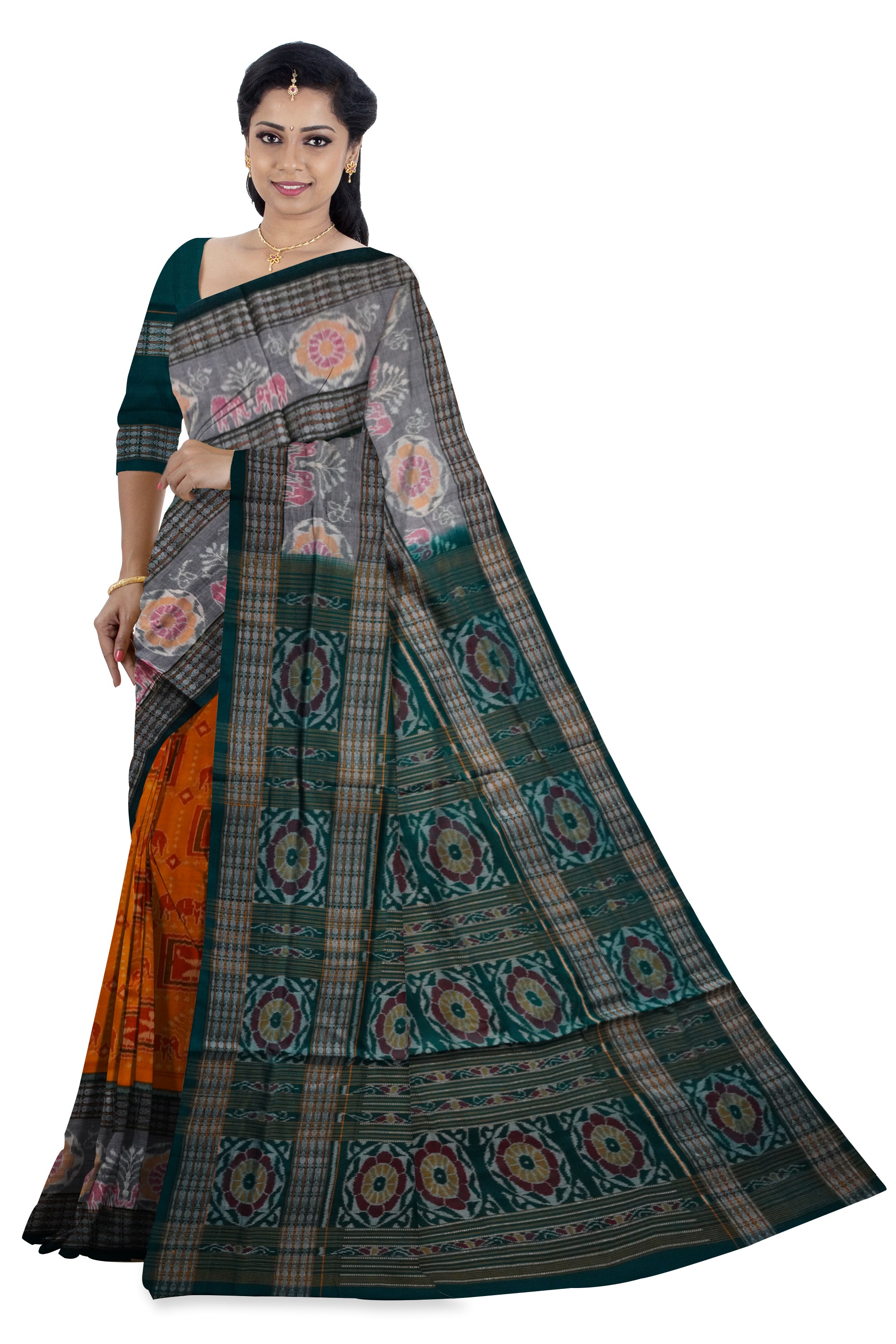 Elephant and terracotta design yellow and green color sambalpuri pure cotton saree. With big border. - Koshali Arts & Crafts Enterprise