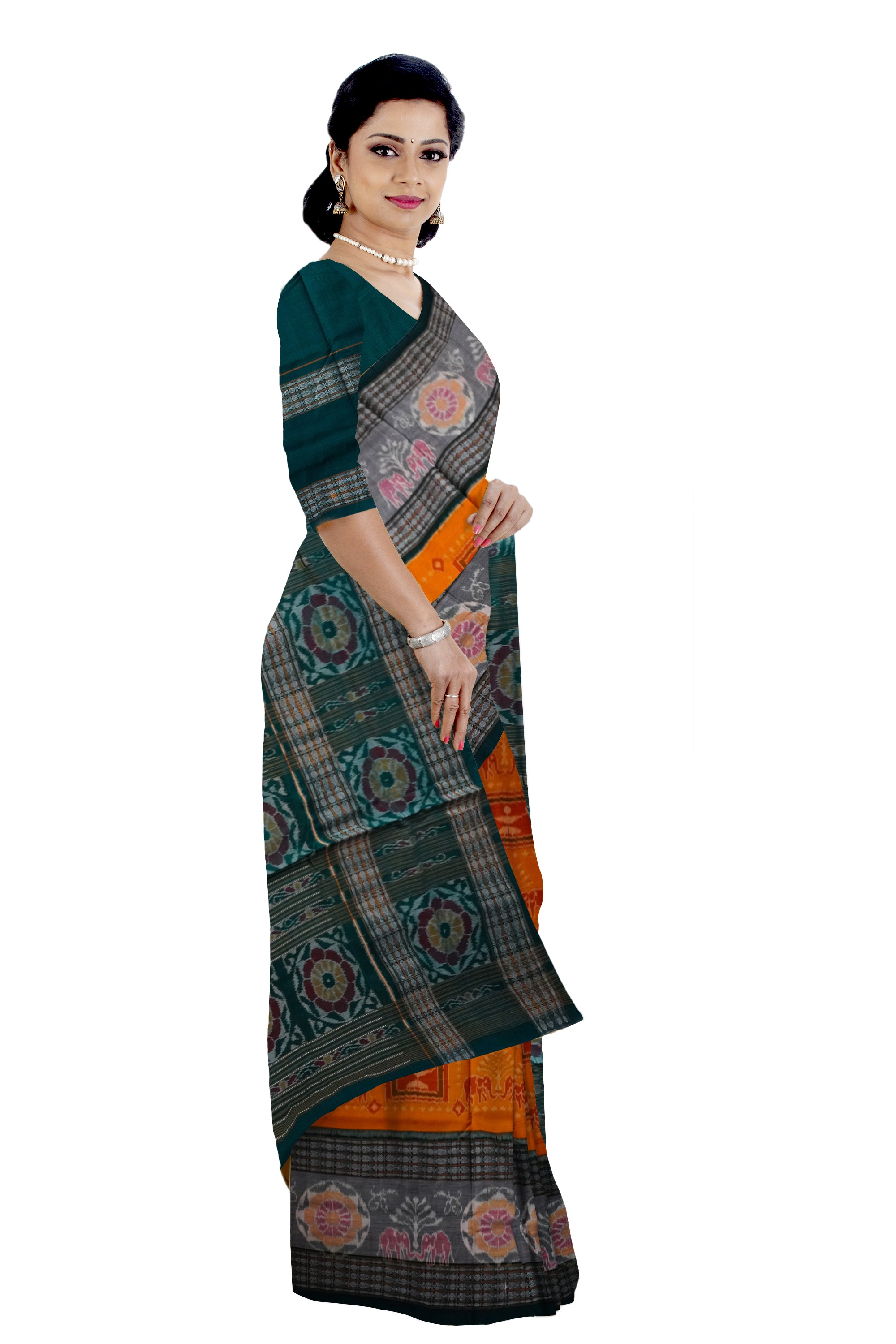 Elephant and terracotta design yellow and green color sambalpuri pure cotton saree. With big border. - Koshali Arts & Crafts Enterprise
