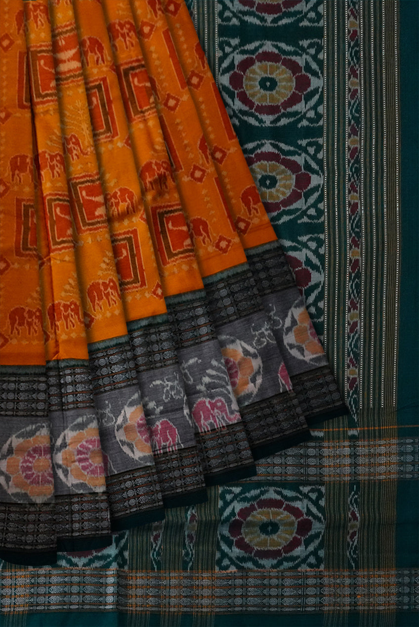 Elephant and terracotta design yellow and green color sambalpuri pure cotton saree. With big border. - Koshali Arts & Crafts Enterprise