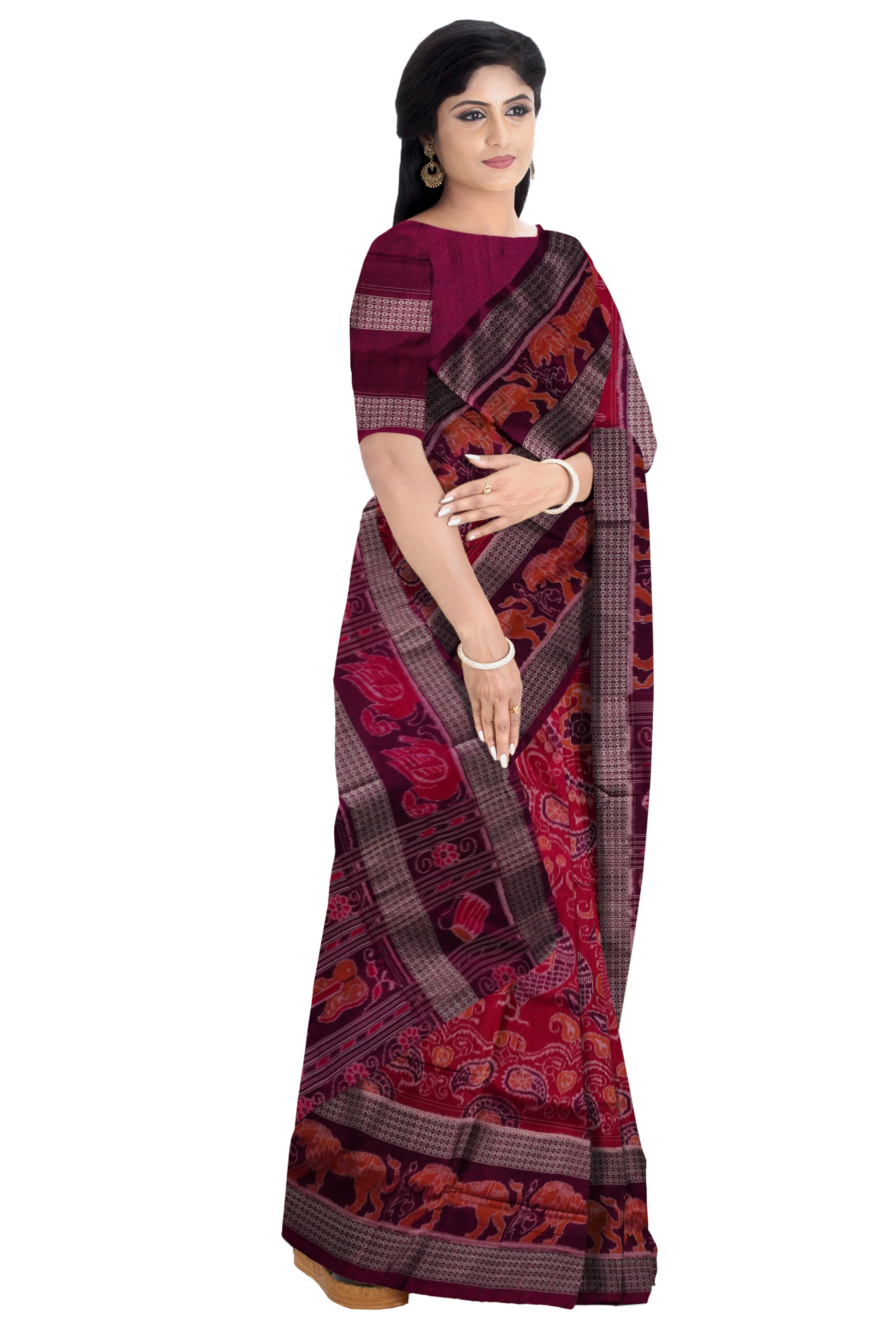 Most attractive Bapta saree with a lovely traditional beautiful peacock pattern with big border in Red and Purple color. - Koshali Arts & Crafts Enterprise