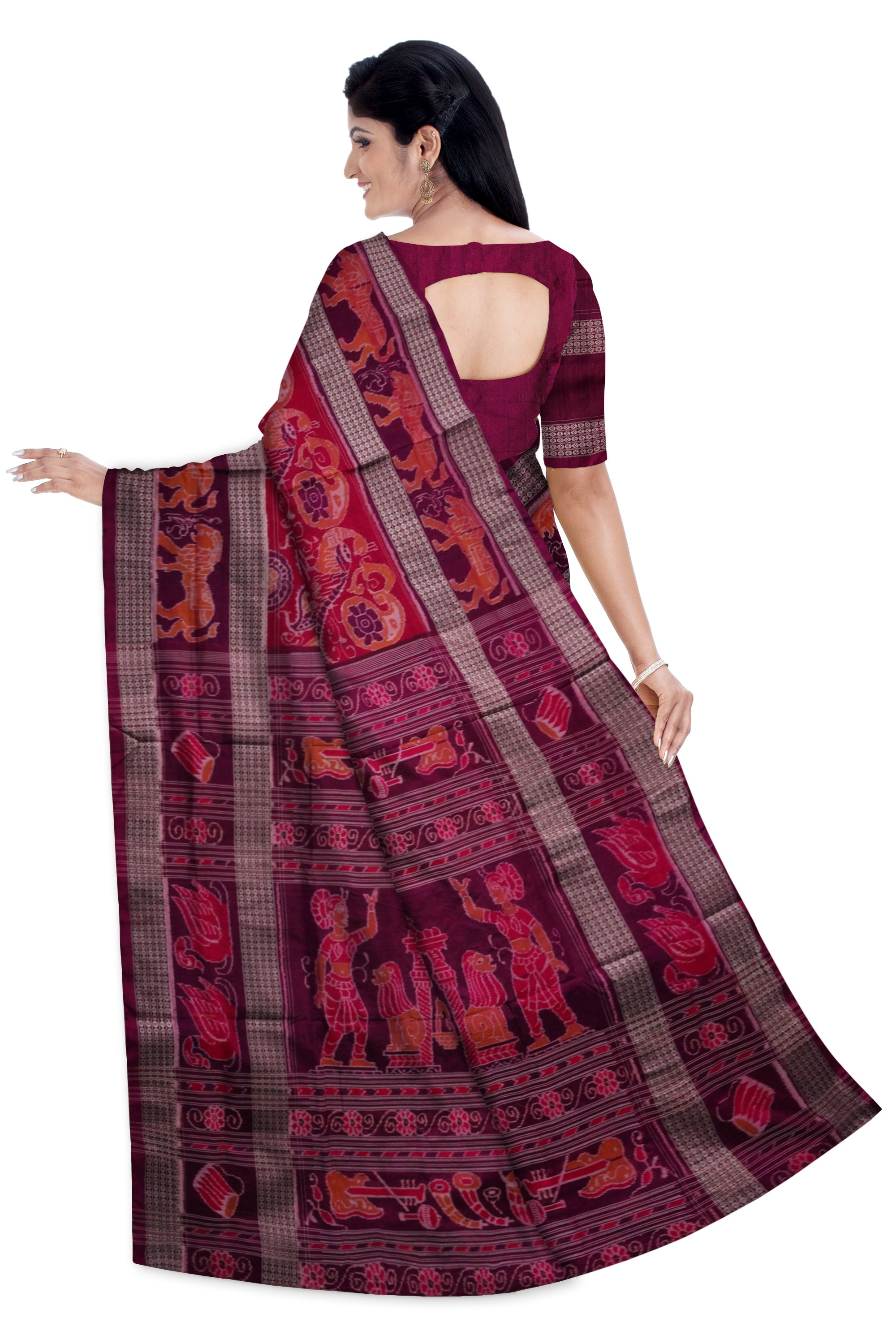 Most attractive Bapta saree with a lovely traditional beautiful peacock pattern with big border in Red and Purple color. - Koshali Arts & Crafts Enterprise