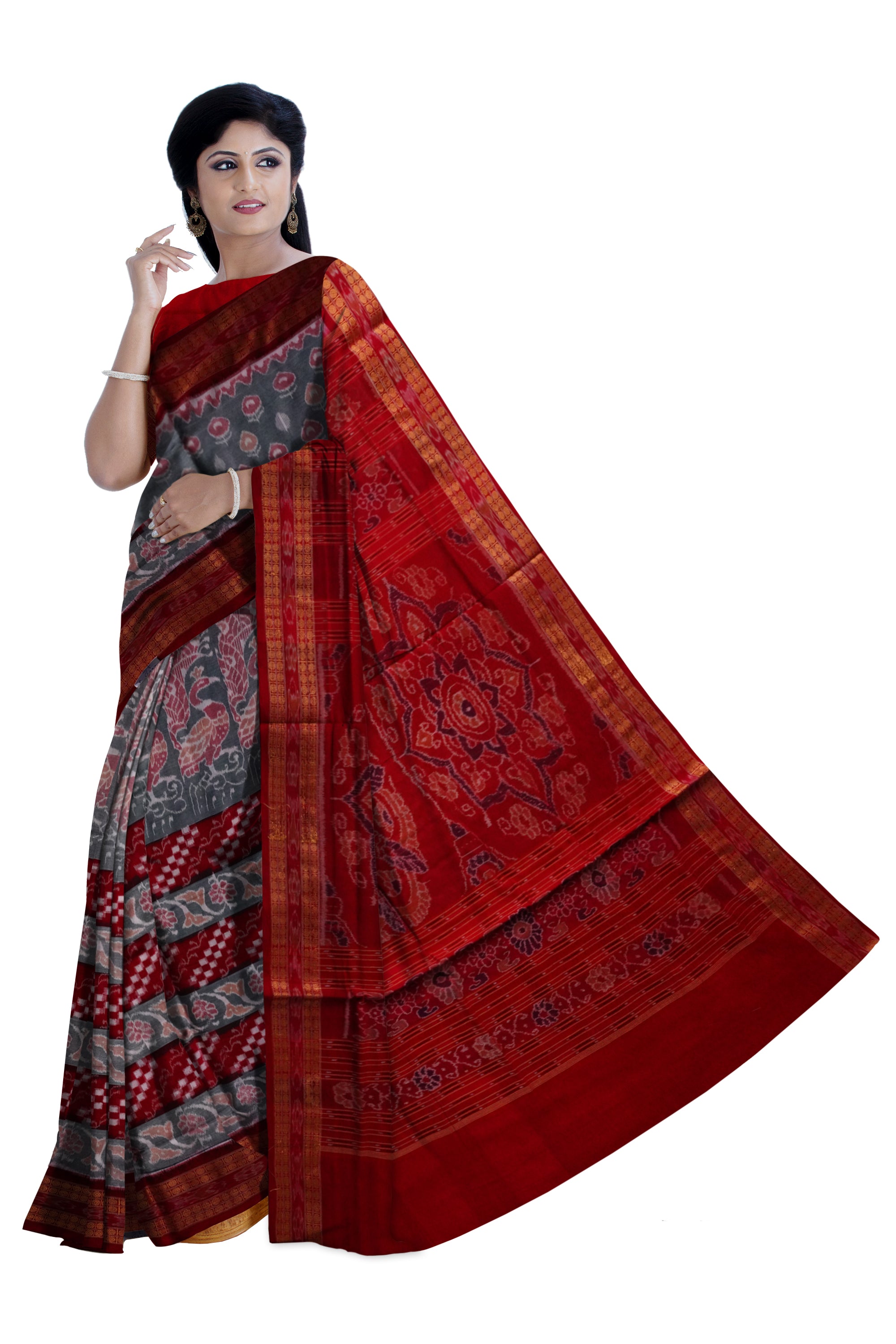 Full Body bandha and Pasapali pattern sambalpuri cotton saree in red, Grey and Maroon color. - Koshali Arts & Crafts Enterprise