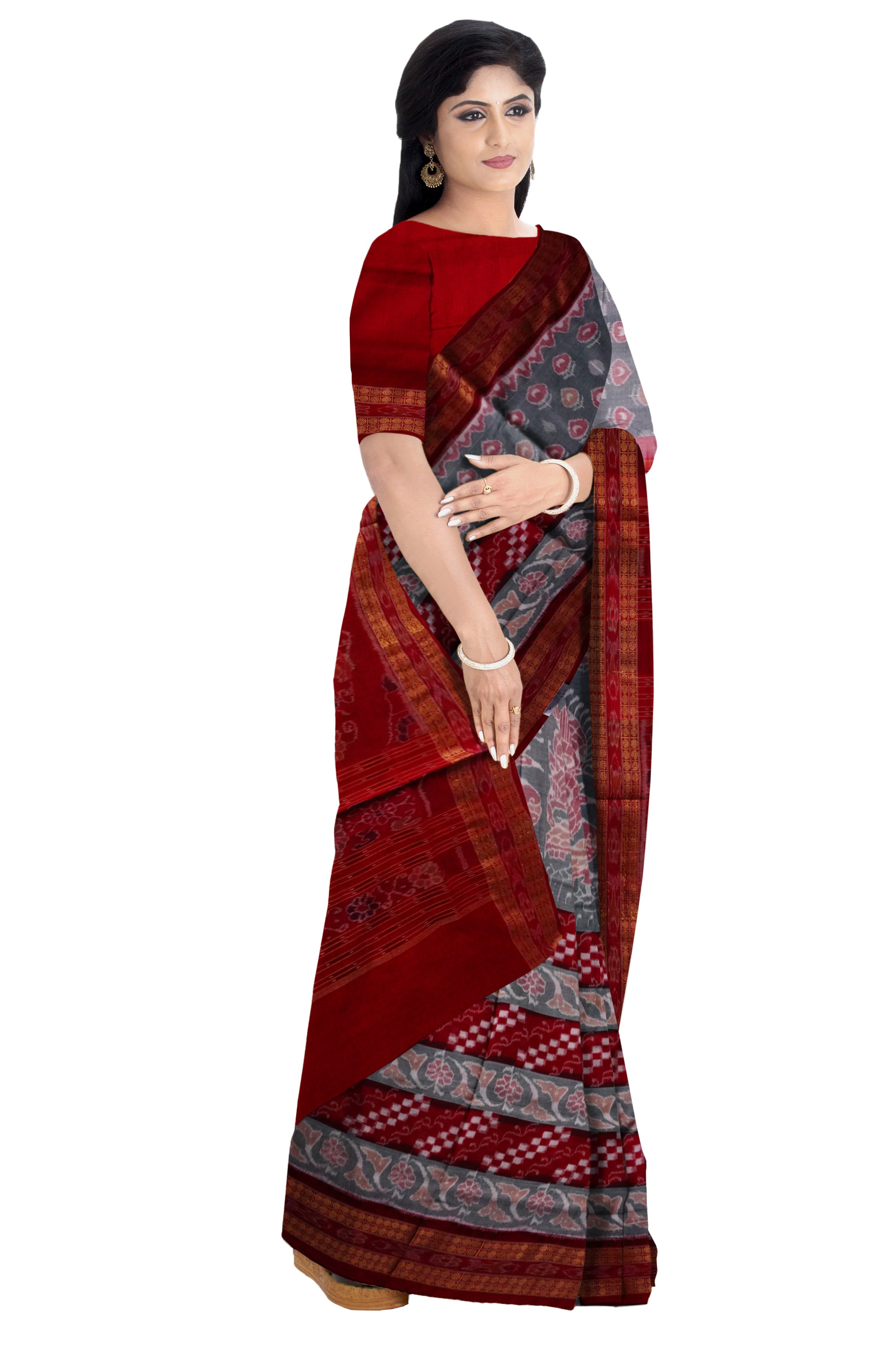 Full Body bandha and Pasapali pattern sambalpuri cotton saree in red, Grey and Maroon color. - Koshali Arts & Crafts Enterprise