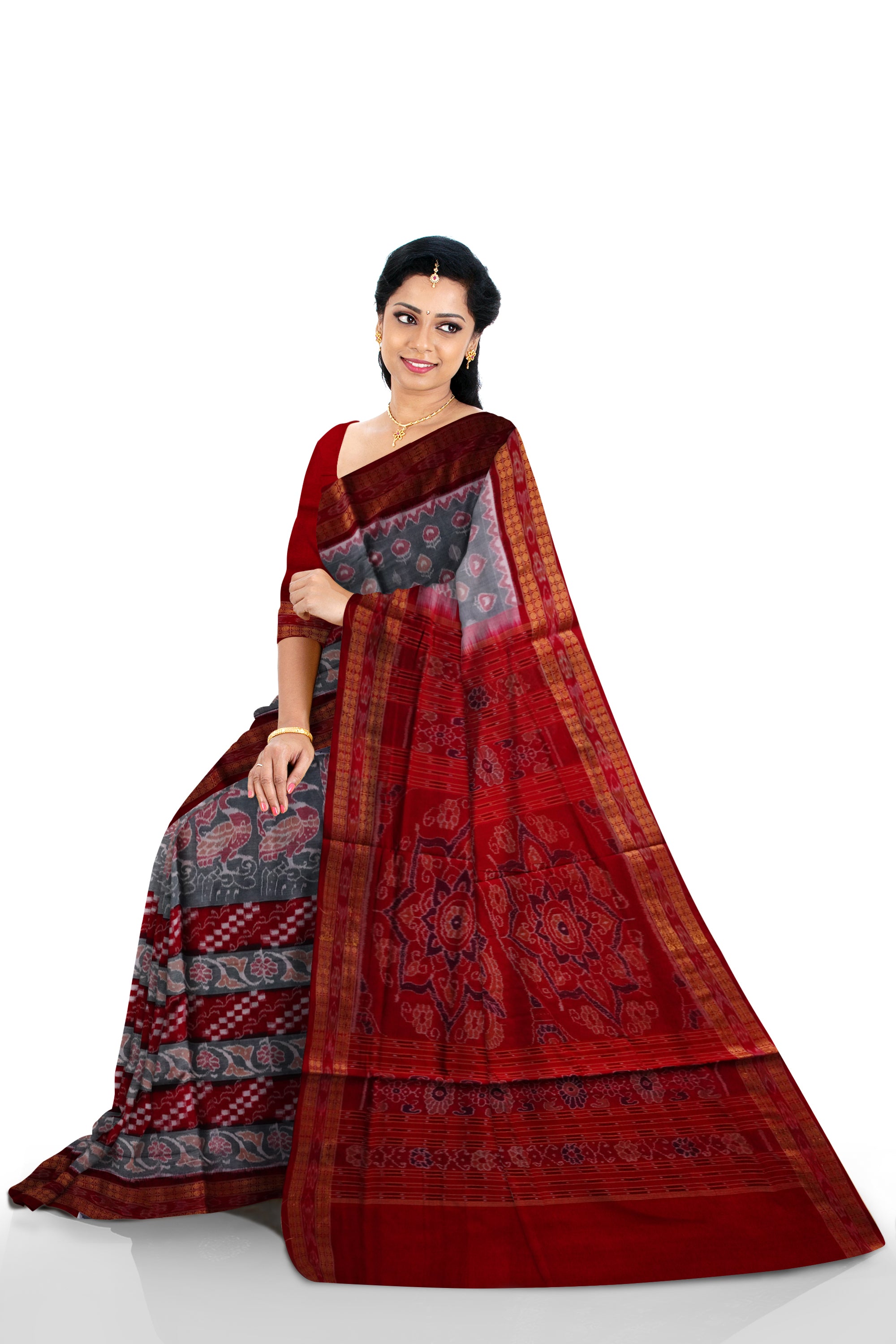 Full Body bandha and Pasapali pattern sambalpuri cotton saree in red, Grey and Maroon color. - Koshali Arts & Crafts Enterprise