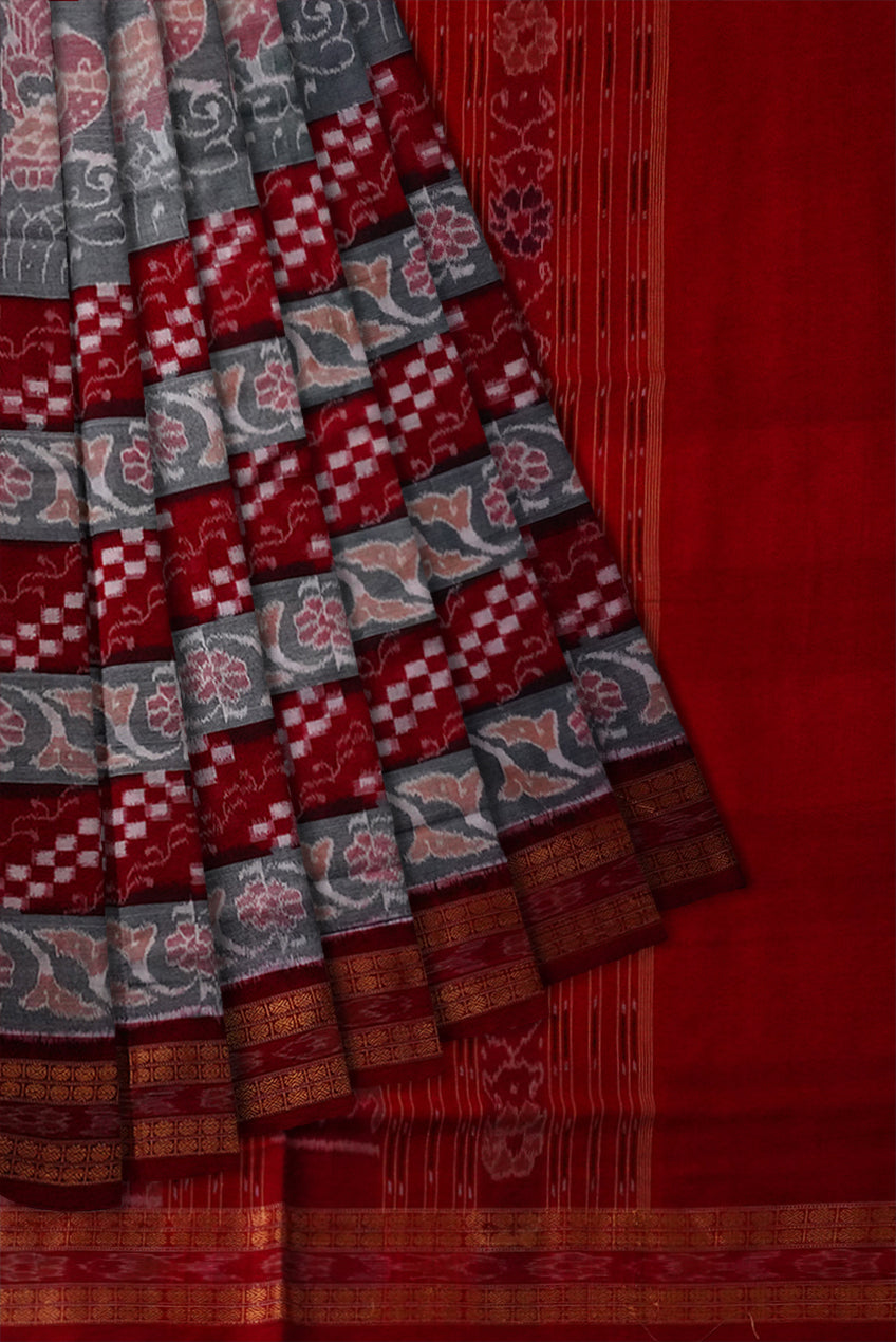 Full Body bandha and Pasapali pattern sambalpuri cotton saree in red, Grey and Maroon color. - Koshali Arts & Crafts Enterprise