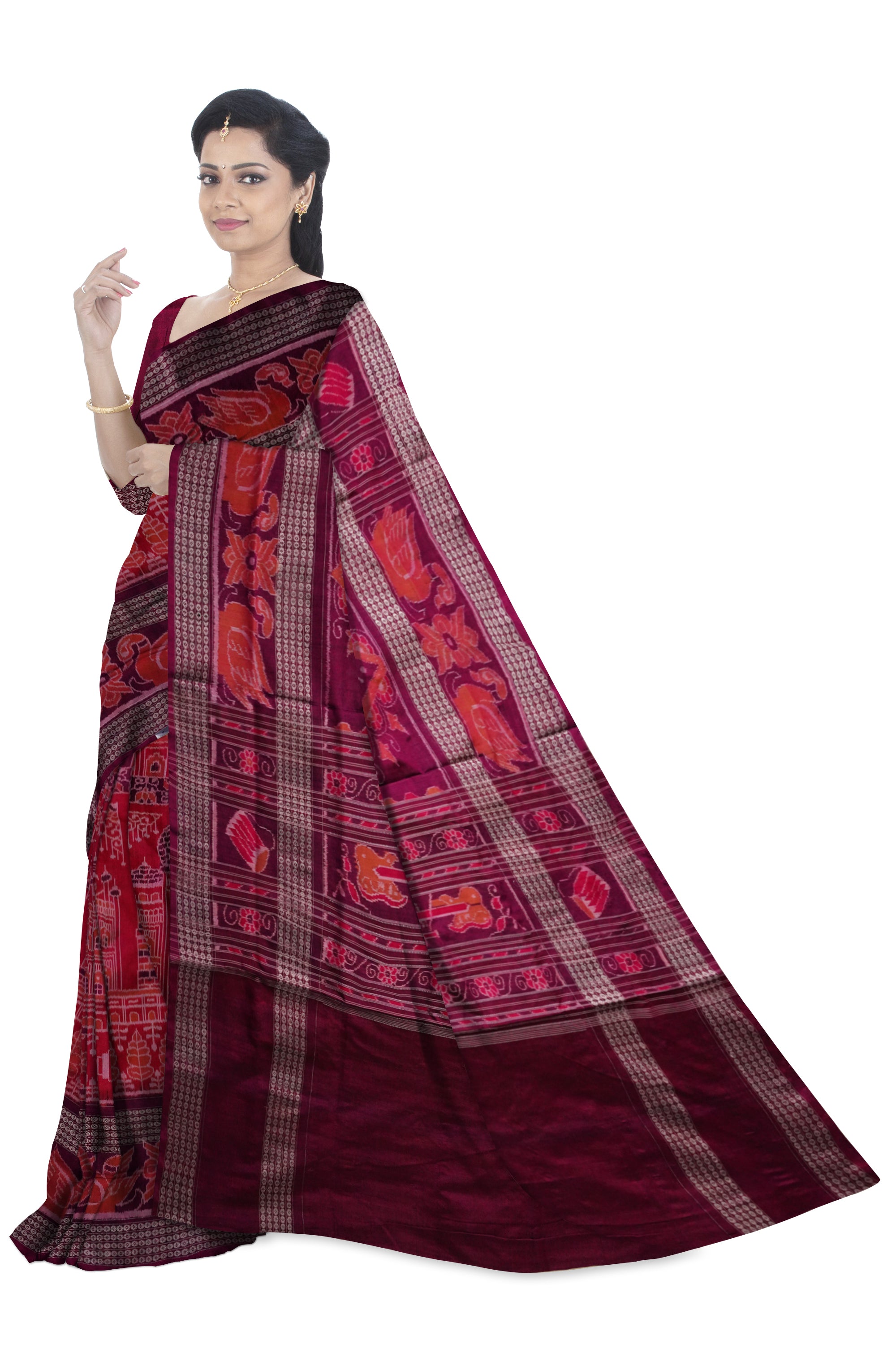 Yellow and marron color Sambalpuri cotton saree with big border. - Koshali Arts & Crafts Enterprise