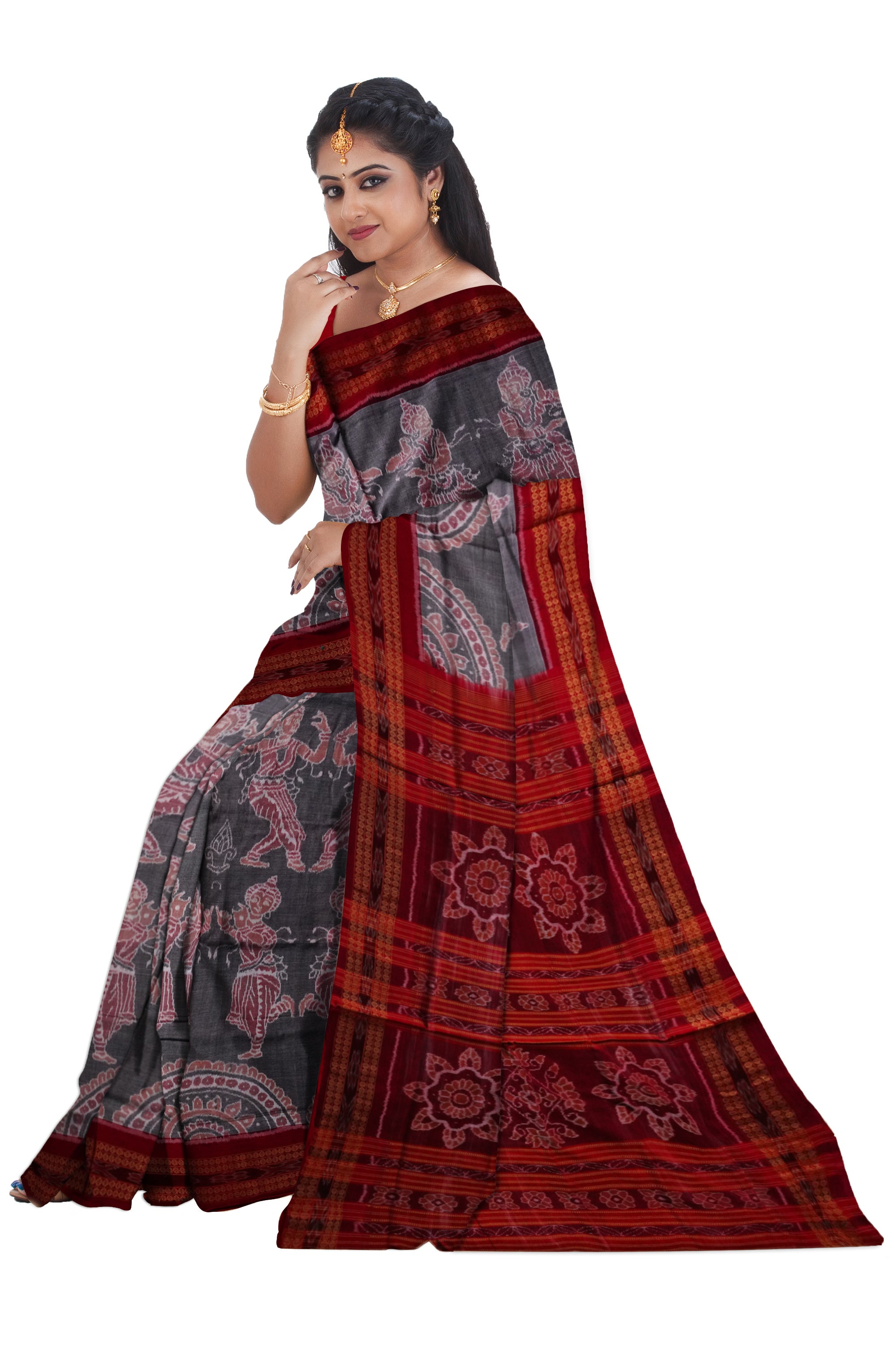 Dancing nartaki sambalpuri cotton saree in Grey and maroon color. - Koshali Arts & Crafts Enterprise
