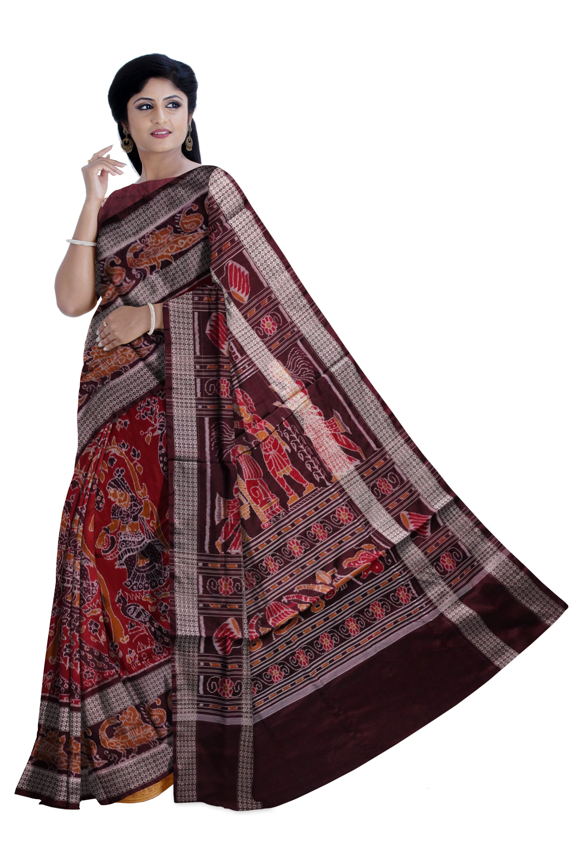 Nartaki and peacock design with big border sambalpuri cotton saree available in maroon and coffee color. - Koshali Arts & Crafts Enterprise