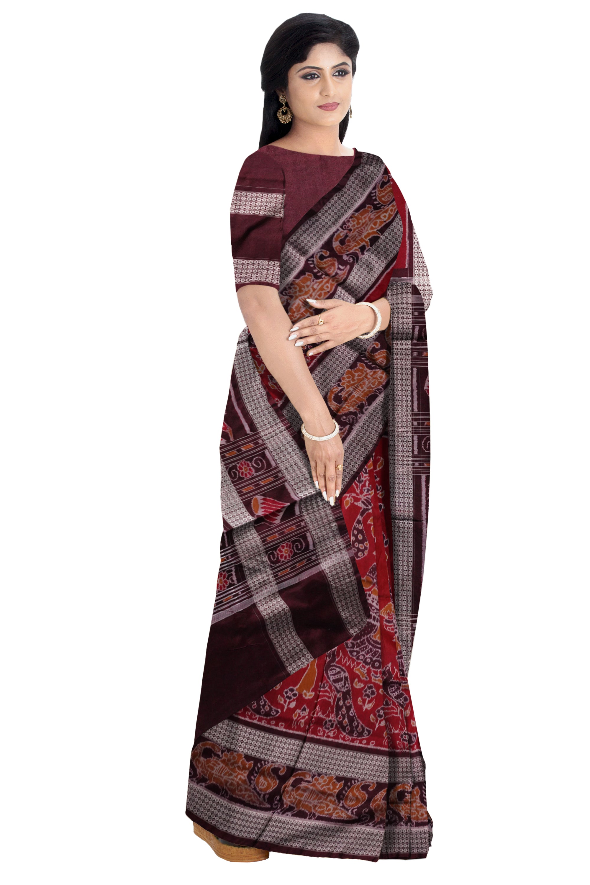 Nartaki and peacock design with big border sambalpuri cotton saree available in maroon and coffee color. - Koshali Arts & Crafts Enterprise