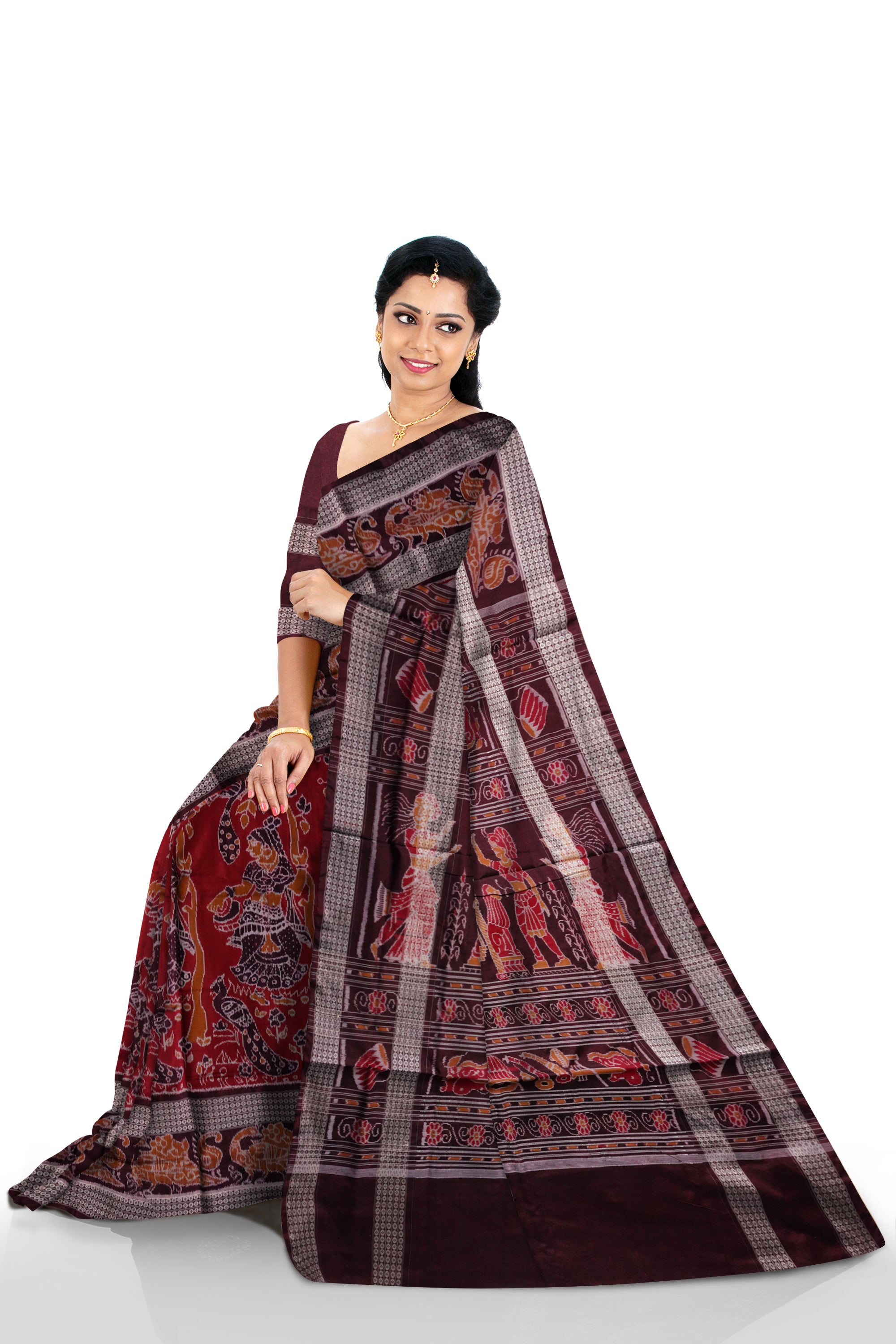 Nartaki and peacock design with big border sambalpuri cotton saree available in maroon and coffee color. - Koshali Arts & Crafts Enterprise