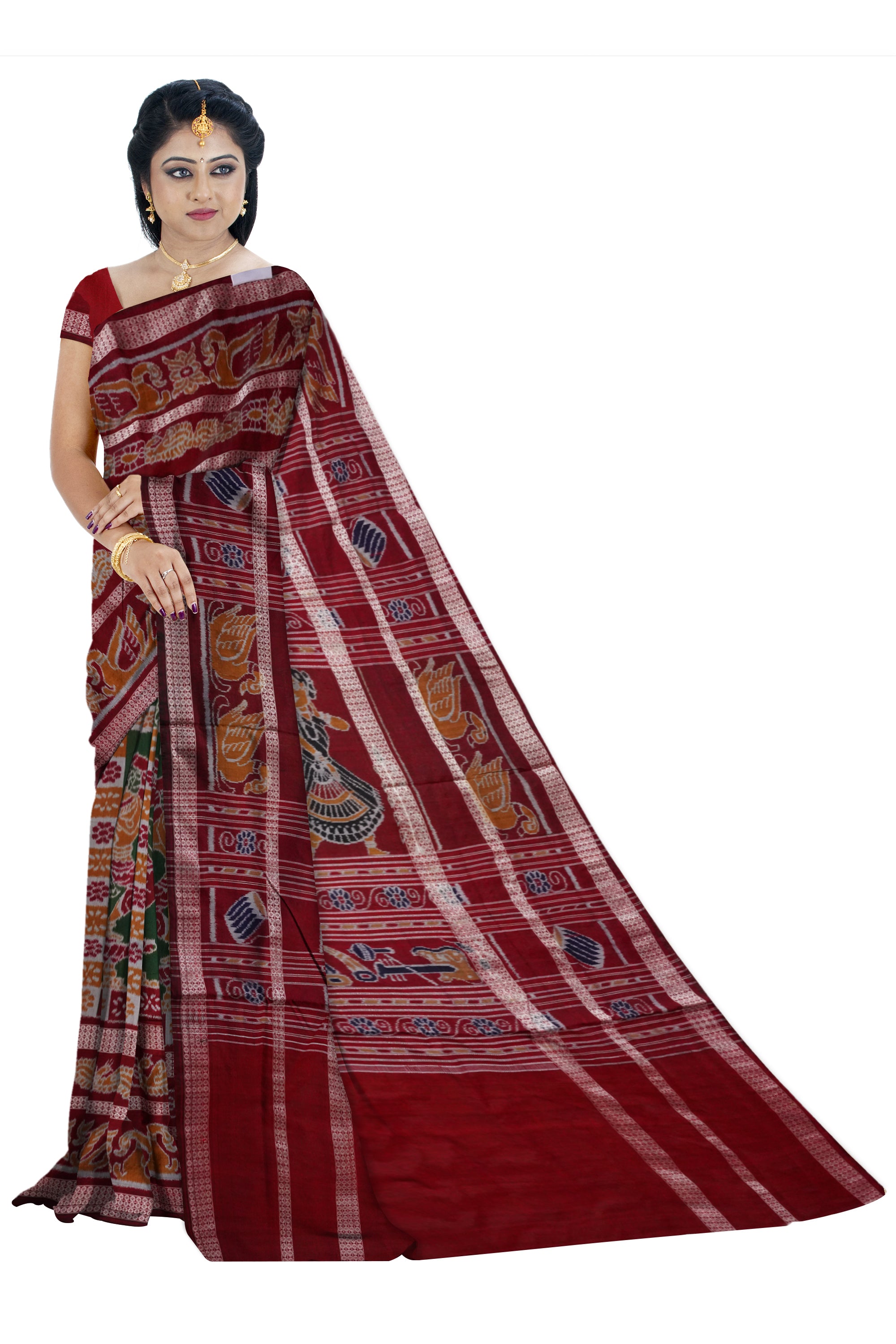 Double border nartaki pattern pure sambalpuri cotton saree in Deep green and Maroon color. - Koshali Arts & Crafts Enterprise