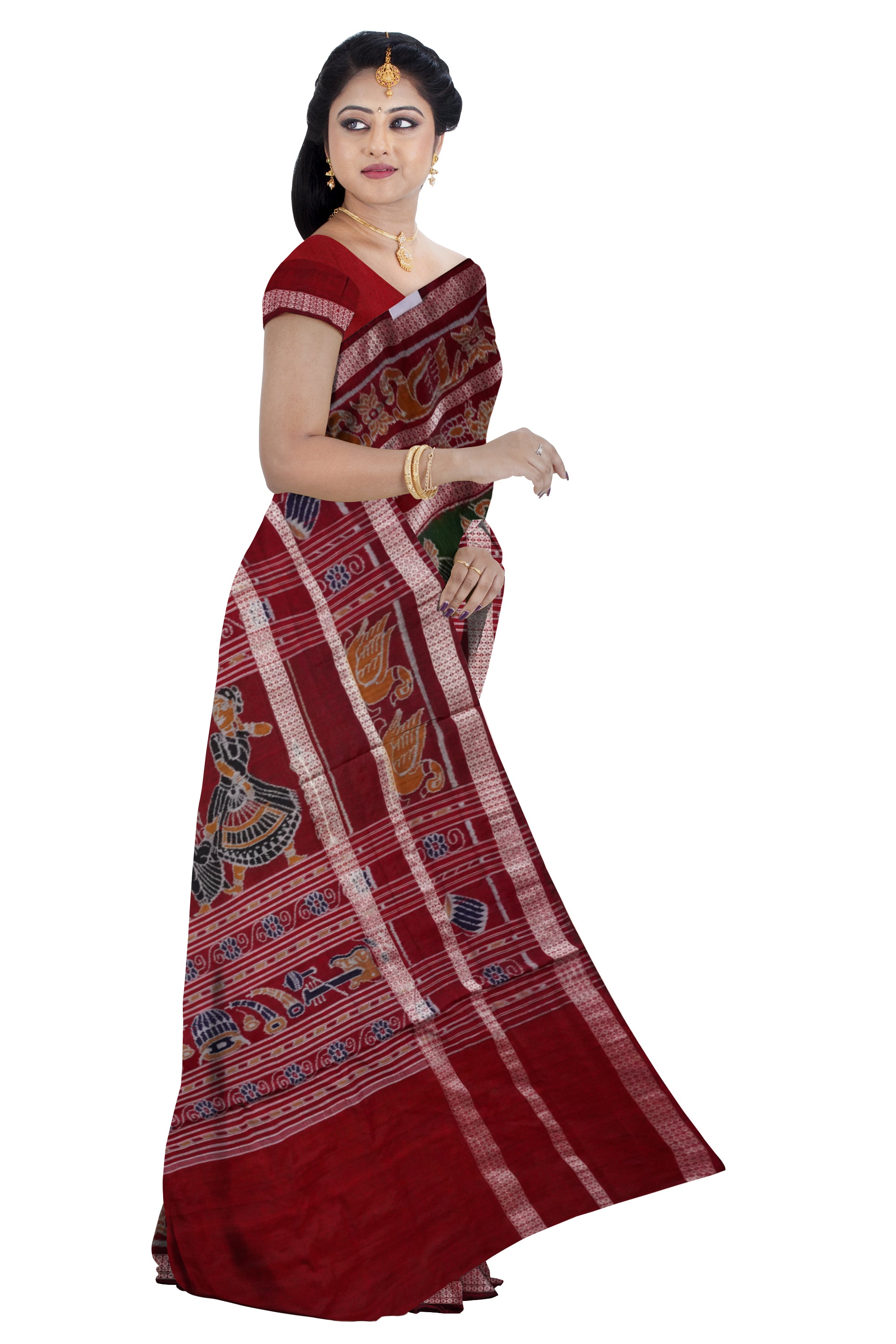 Double border nartaki pattern pure sambalpuri cotton saree in Deep green and Maroon color. - Koshali Arts & Crafts Enterprise