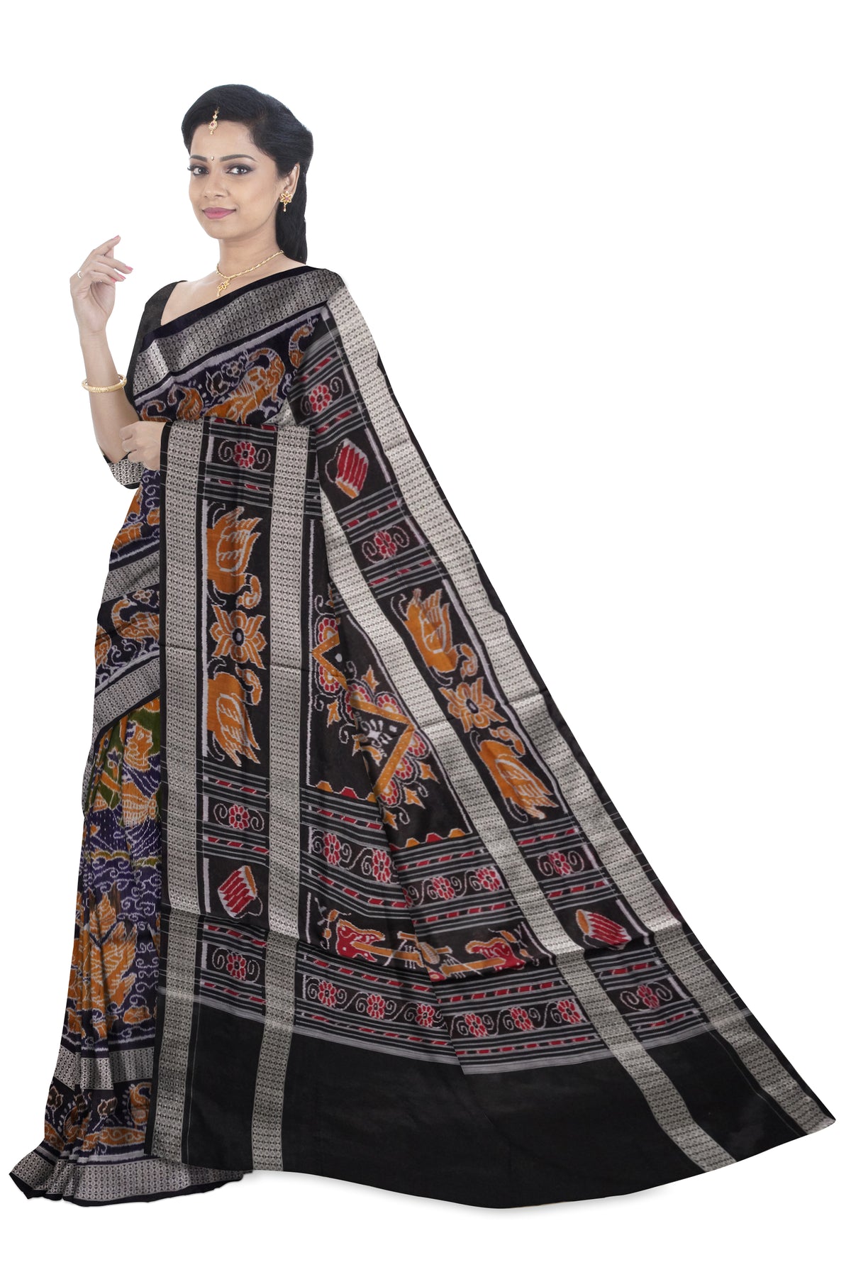 Nartaki and duck pattern pure cotton saree in mehndi,yellow and black