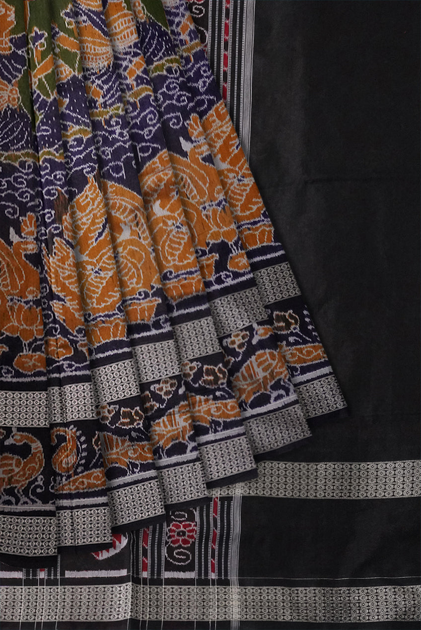 Nartaki and duck pattern pure cotton saree in mehndi,yellow and black color with big border. - Koshali Arts & Crafts Enterprise