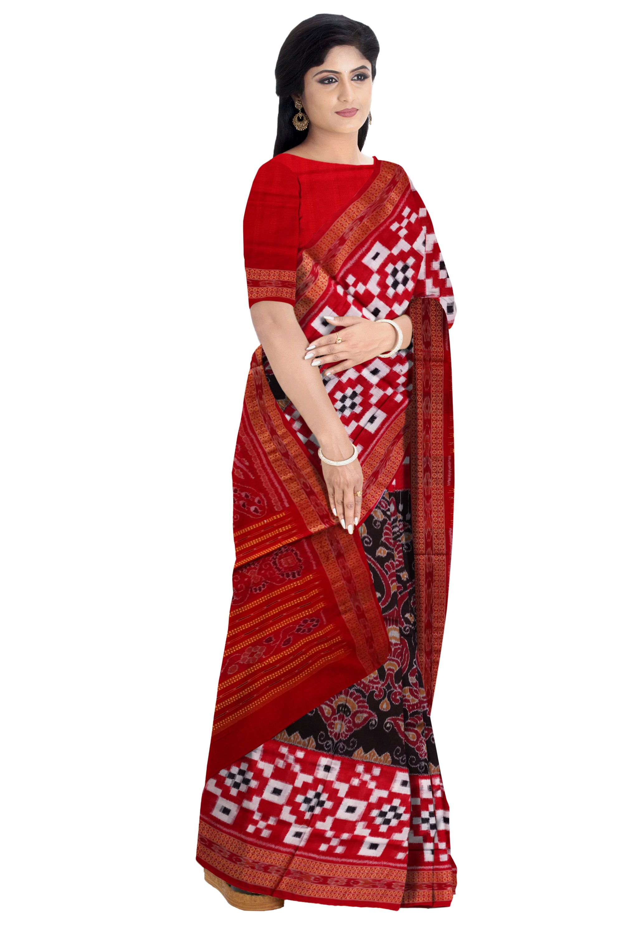 Peacock bandha with Pasapali pattern full body work sambalpuri cotton saree in Black and Red color. - Koshali Arts & Crafts Enterprise