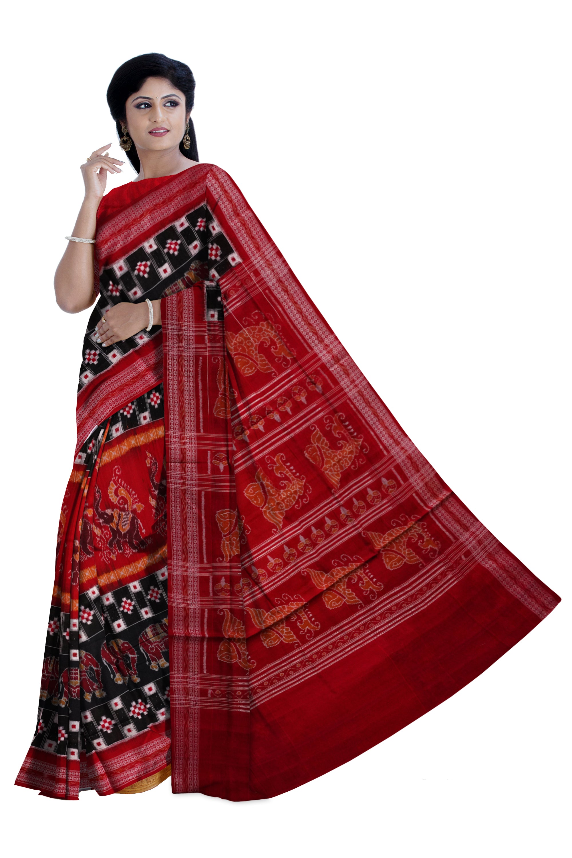 Elephant and Pasapali design in full body pure cotton saree in Black and Red color. - Koshali Arts & Crafts Enterprise