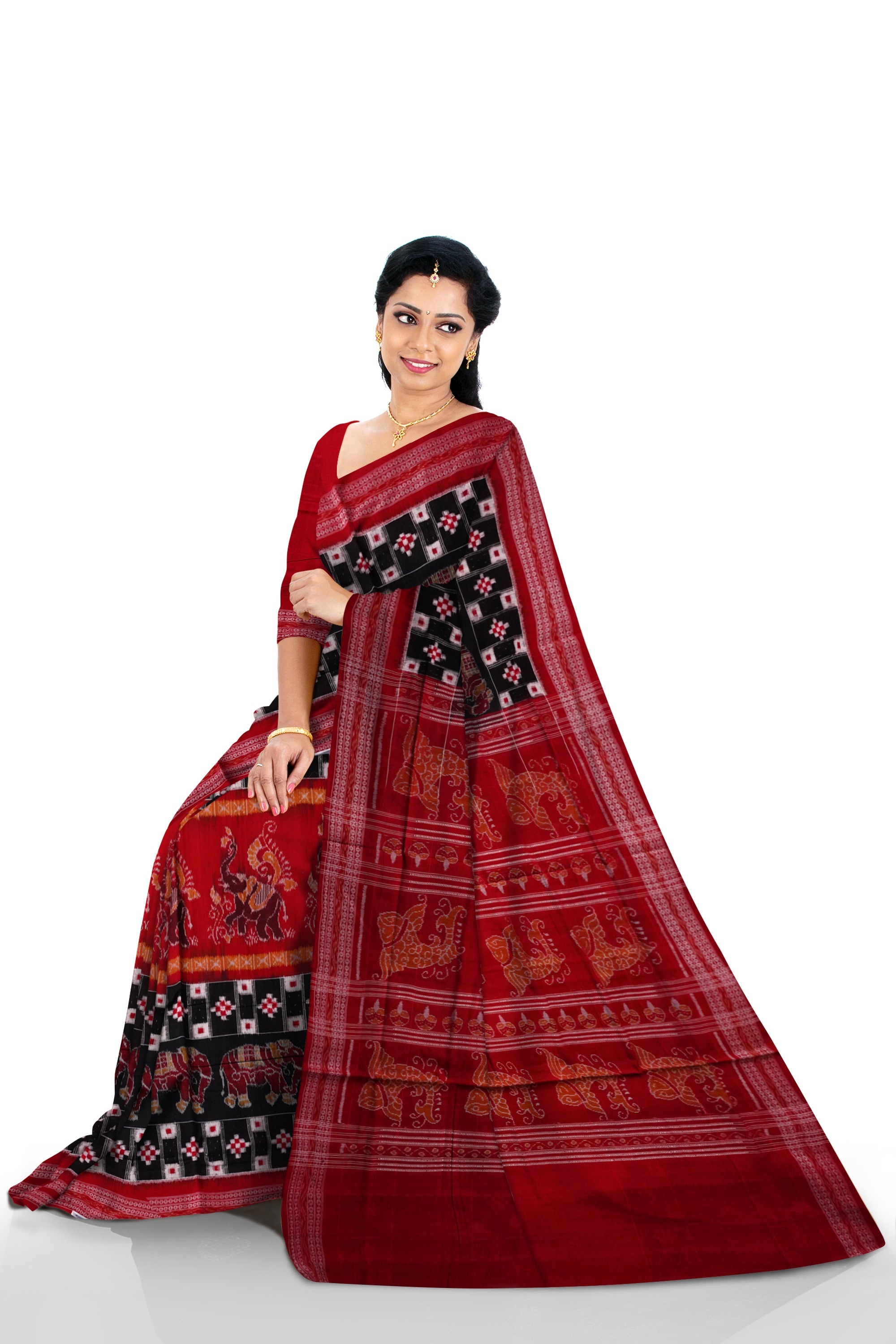 Elephant and Pasapali design in full body pure cotton saree in Black and Red color. - Koshali Arts & Crafts Enterprise